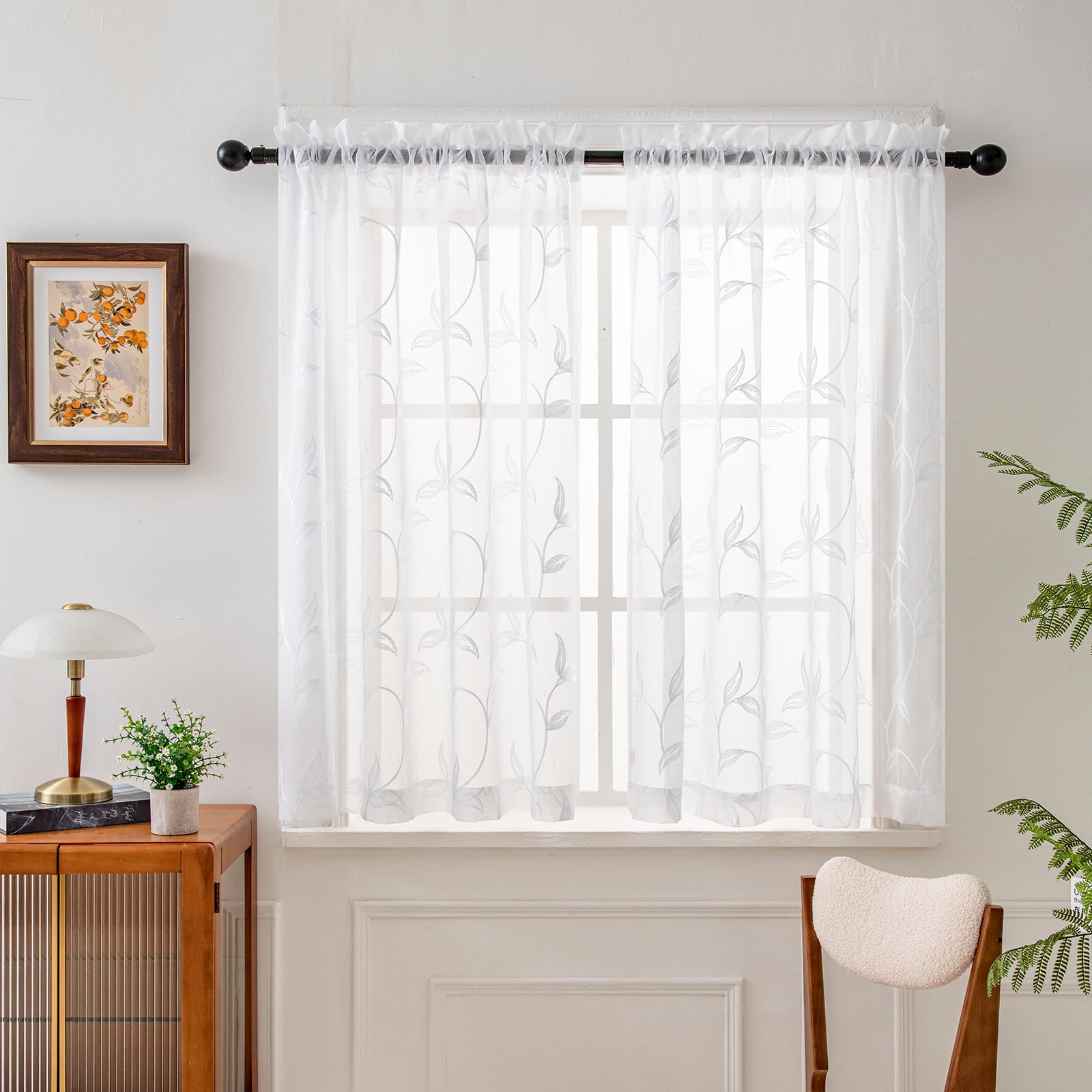 VISIONTEX Sheer Curtains 84 Inches Long 2 Panels Set Cream Beige Embroidered Floral Leaf Pattern Rod Pocket Semi Sheer Voile Window Curtains/Drapes for Bedroom Living Room 54 x 84 Inches