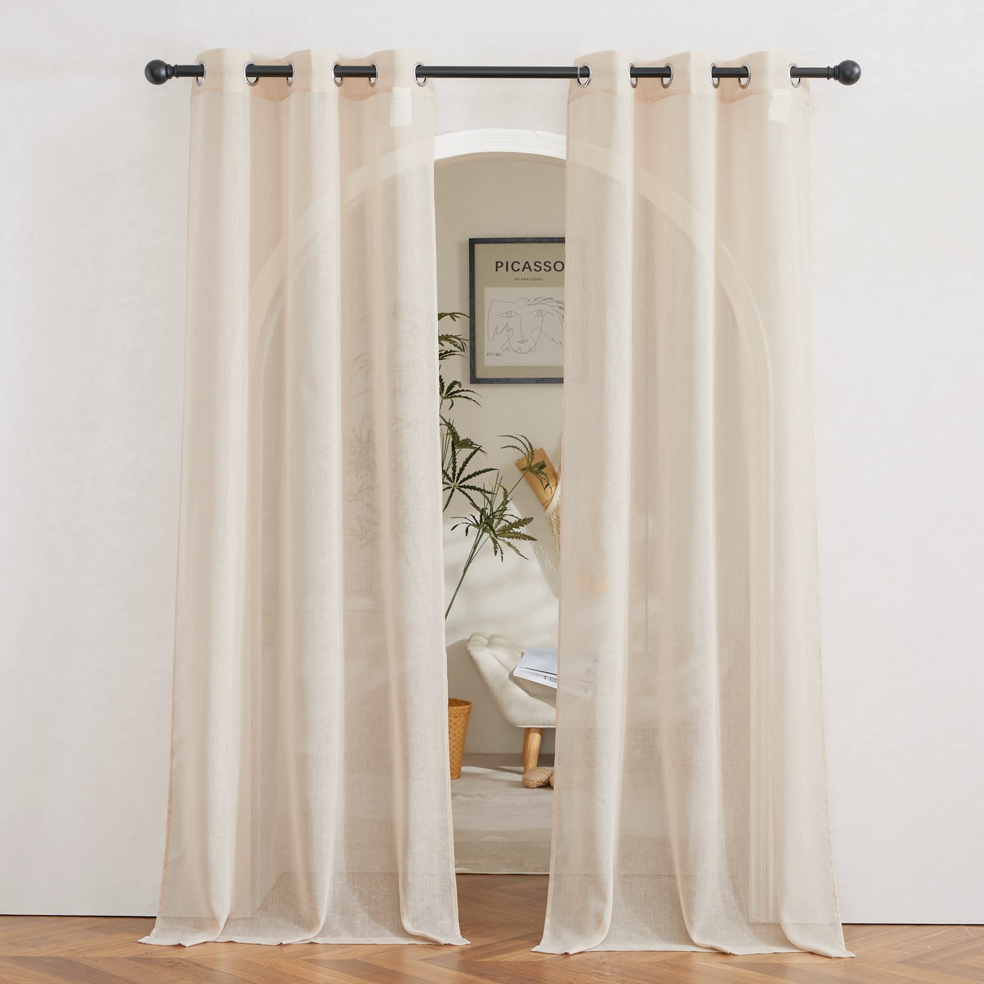 NICETOWN Semi Sheer Beige Curtains 84 inches Long, Grommet Retro Linen Curtains Window Treatments Vertical Drapes Privacy with Light Filter for Living Room, W52 x L84, 2 Panels