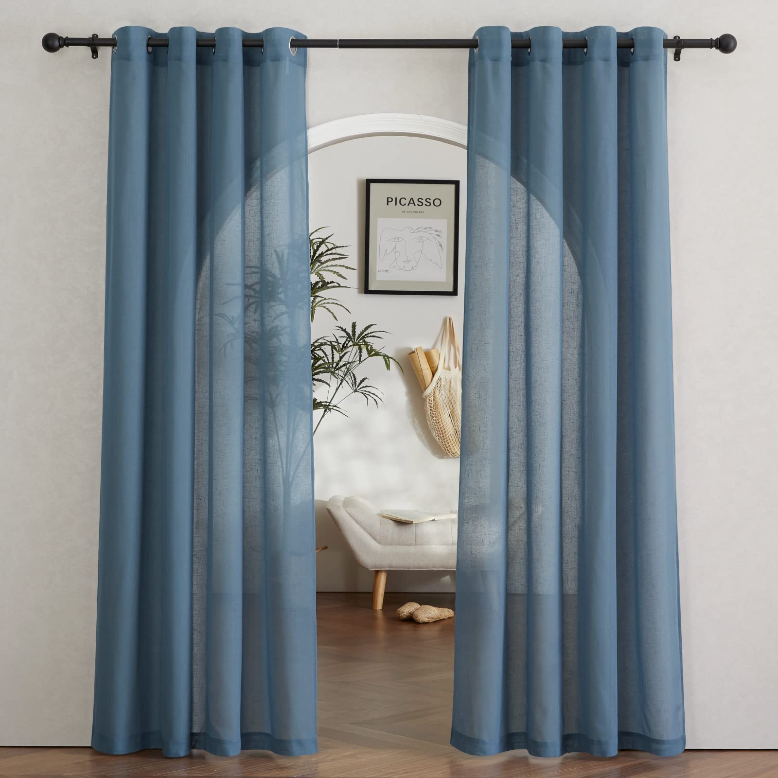 NICETOWN Semi Sheer Beige Curtains 84 inches Long, Grommet Retro Linen Curtains Window Treatments Vertical Drapes Privacy with Light Filter for Living Room, W52 x L84, 2 Panels