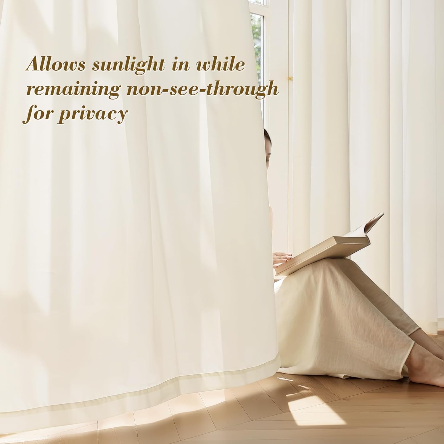 FMFUNCTEX Sheer Non-See-Through Butter Cream Curtains 108 inches Long for Living Room, Faux Silk That Let Light Curtains Light Filtering Privacy Sheer Window Drapes for Living Room, Rod Pocket 2Panels