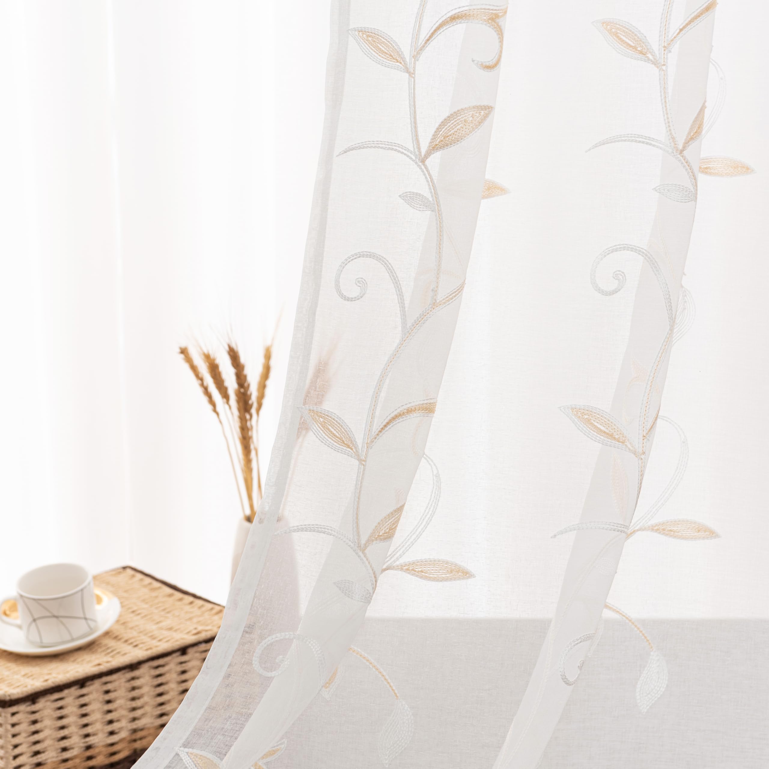 VISIONTEX Sheer Curtains 84 Inches Long 2 Panels Set Cream Beige Embroidered Floral Leaf Pattern Rod Pocket Semi Sheer Voile Window Curtains/Drapes for Bedroom Living Room 54 x 84 Inches