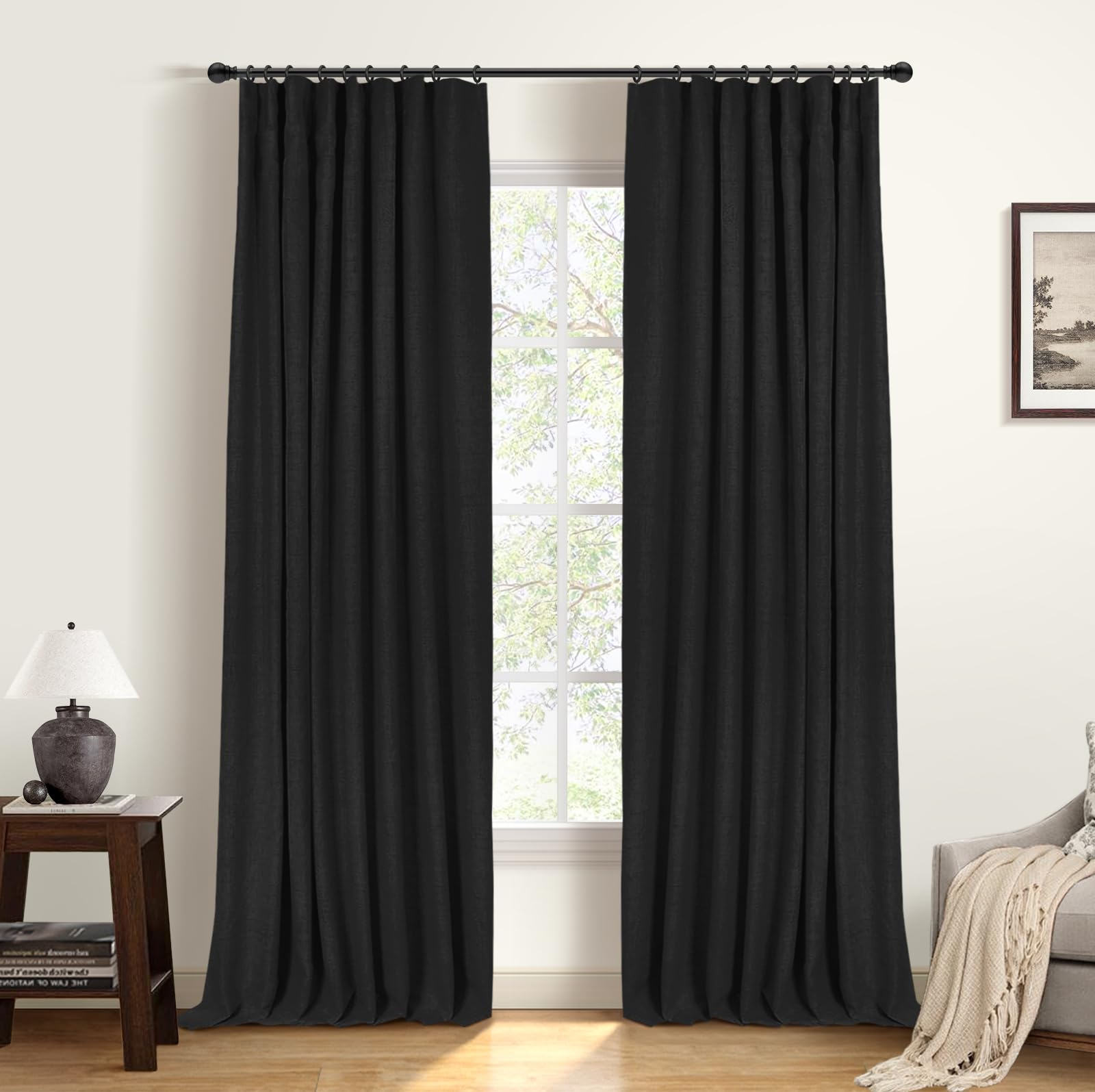 INOVADAY 100% Blackout Curtains for Bedroom, Black Out Curtains 84 Inch Long, Clip Rings Linen Blackout Drapes, Thermal Insulated Room Darkening for Living Room, 2 Panels - Beige,W50xL84