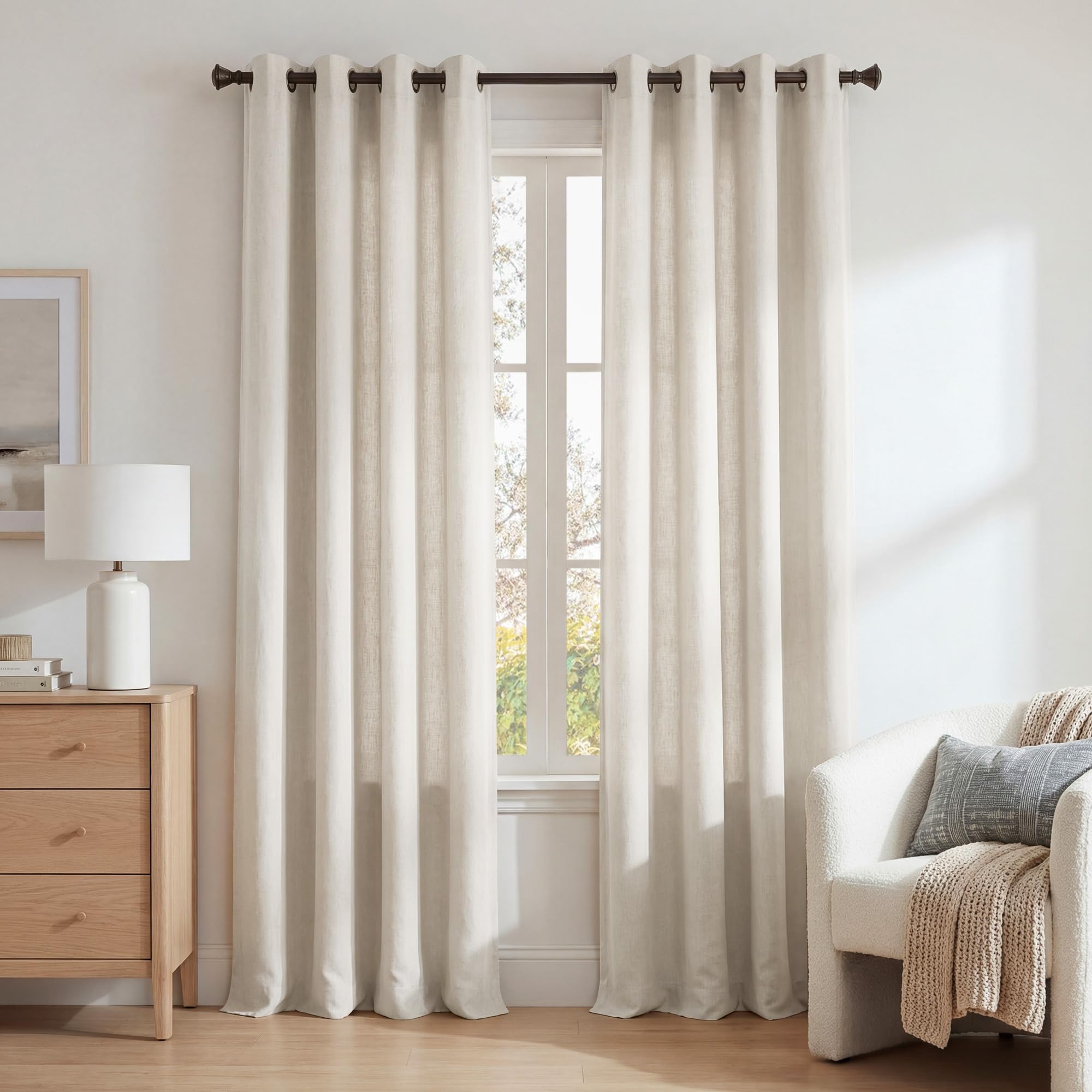 NICETOWN Semi Sheer Beige Curtains 84 inches Long, Grommet Retro Linen Curtains Window Treatments Vertical Drapes Privacy with Light Filter for Living Room, W52 x L84, 2 Panels