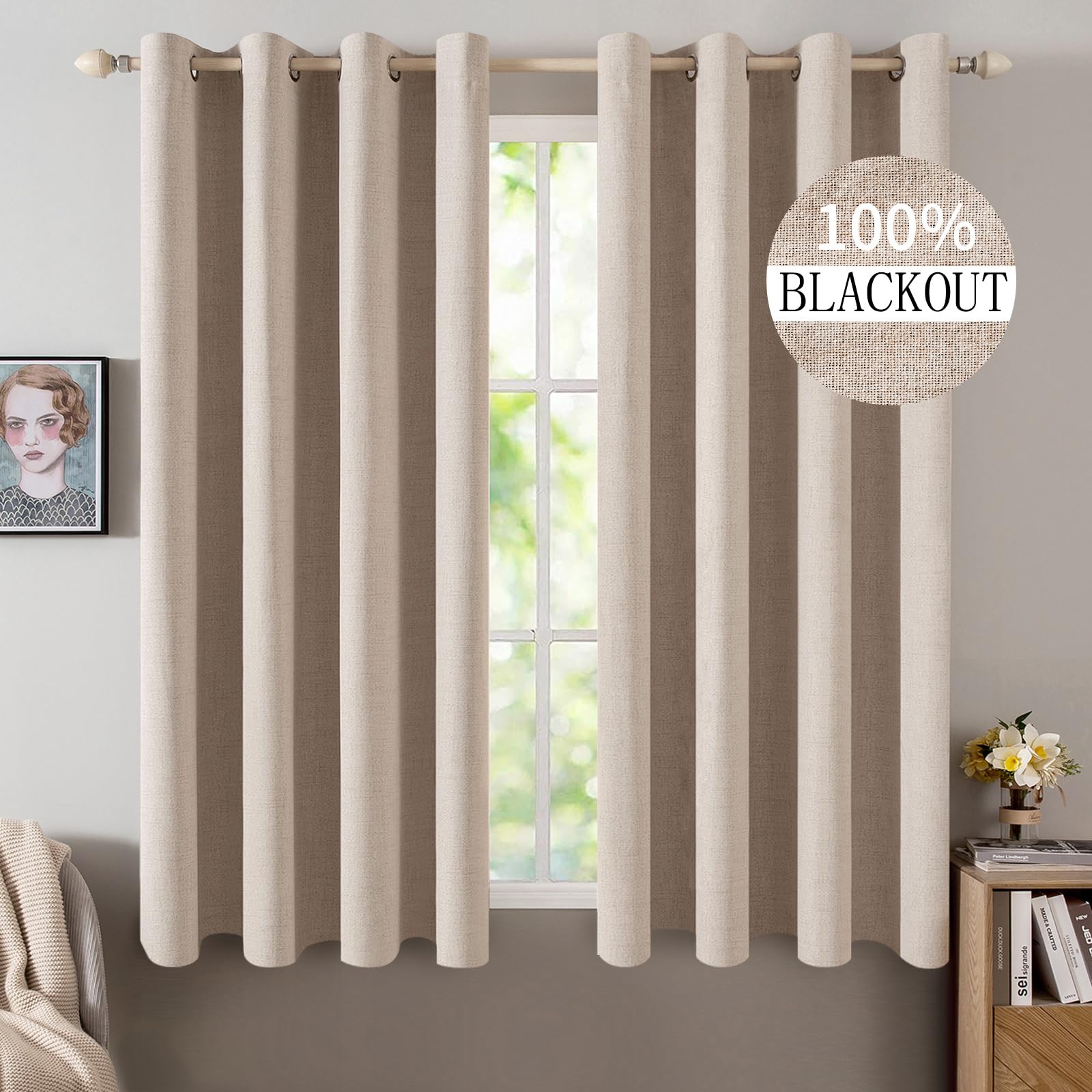MIULEE 90 Inches Linen Textured Curtains for Bedroom 100% Blackout Thermal Insulated Natural Beige Grommet Room Darkening Curtains & Drapes Luxury Decor for Living Room Nursery 52 x 90 Inch (2 Panels)