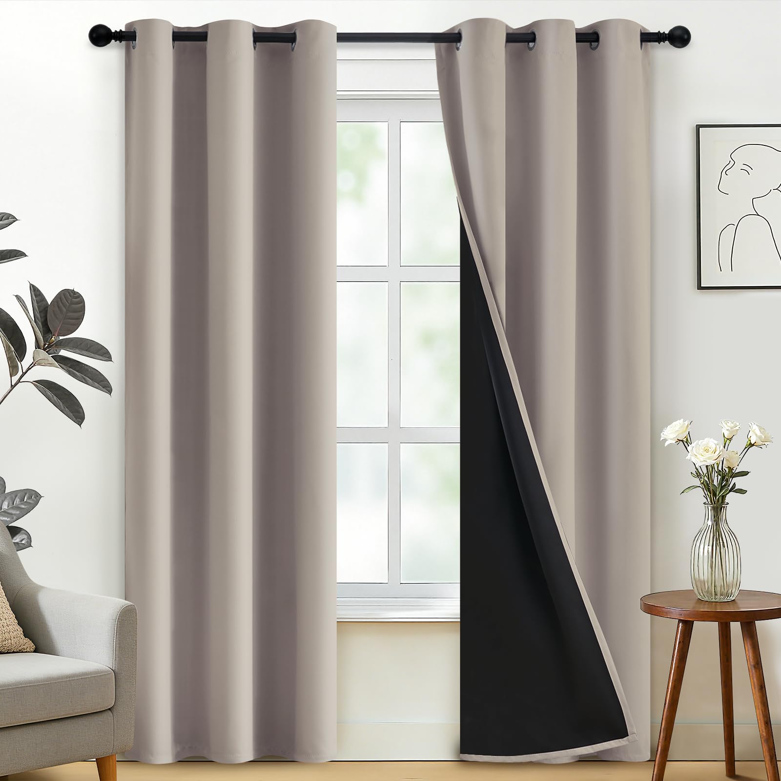 SimpleHome 100% Blackout Curtains for Bedroom,Thermal Insulated Grommet Window Drapes Room Darkening Cream Curtains for Living Room with Black Back,52 x 84 Inch,2 Panels