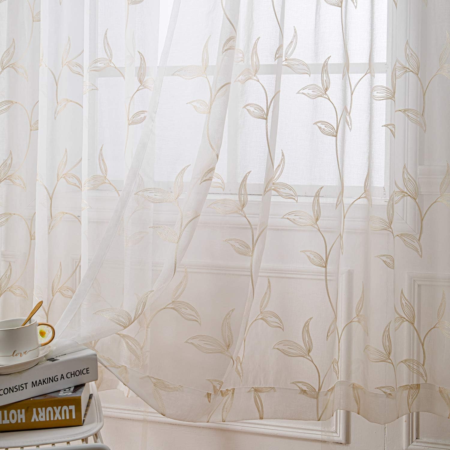 VISIONTEX Sheer Curtains 84 Inches Long 2 Panels Set Cream Beige Embroidered Floral Leaf Pattern Rod Pocket Semi Sheer Voile Window Curtains/Drapes for Bedroom Living Room 54 x 84 Inches