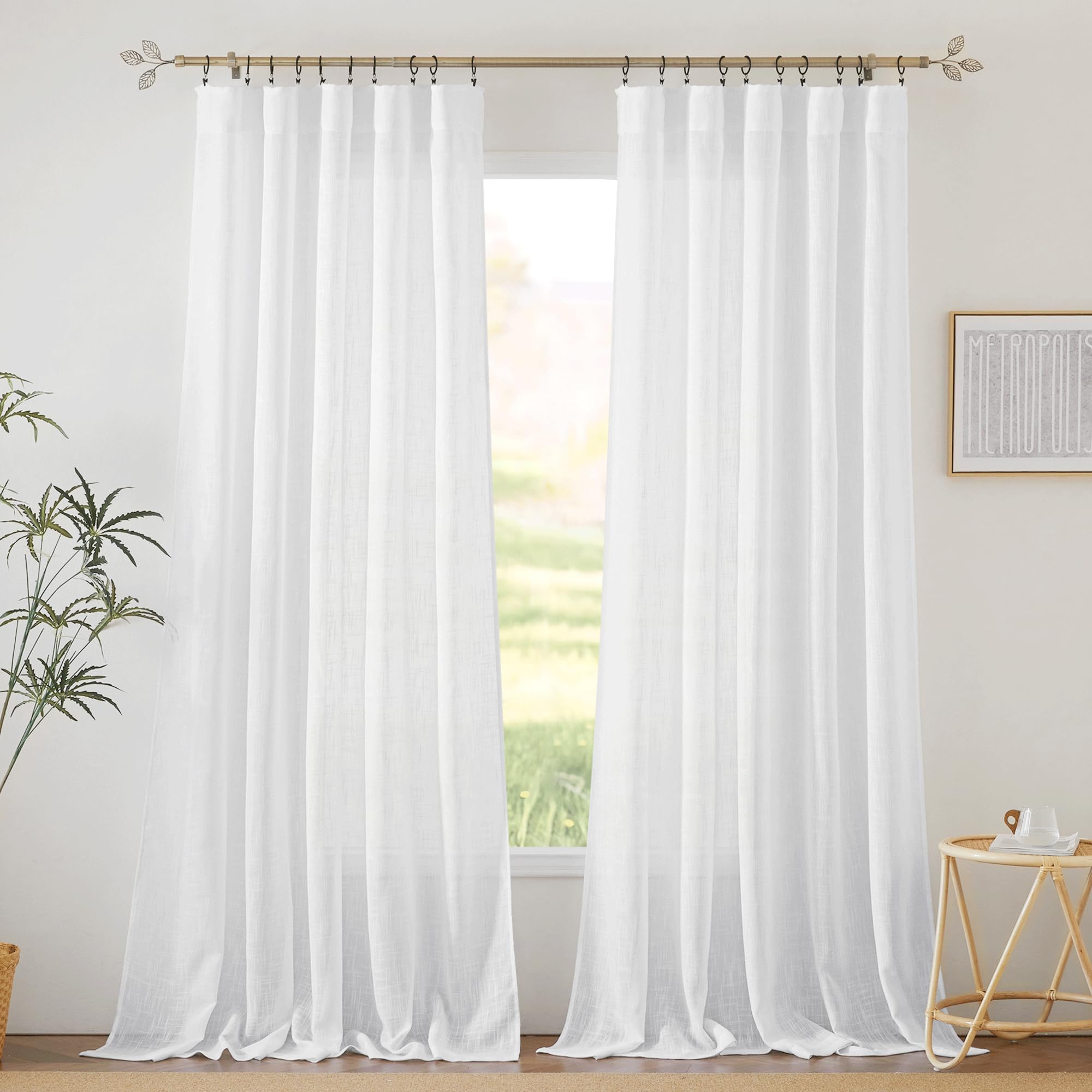 RYB HOME White Sheer Curtains Linen Texture Window Panels, Semi Sheer Light Filetring Rod Pocket & Back Tab Drapes for Bedroom, 52 x 84 inches, Pack of 2