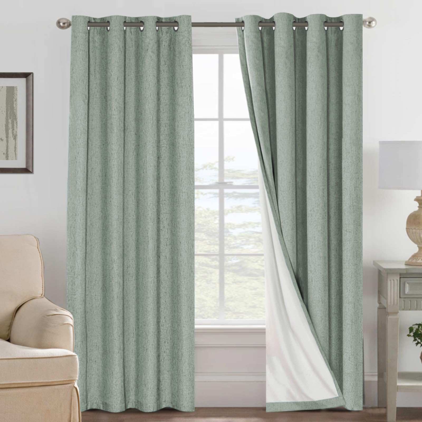 H.VERSAILTEX Linen 100% Blackout Curtains for Bedroom Full Light Blocking Curtains, Textured Window Curtain for Living Room 84 inch Grommet, Energy Efficient Curtains White Liner(2 Panels, Natural)