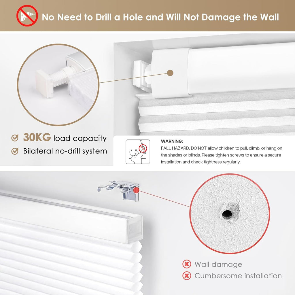LazBlinds No Tools No Drill Cordless Cellular Shades, Blackout Light Blocking Honeycomb Shades for Home, Thermal Insulation Blinds for Windows, 22" W x 36" H, White