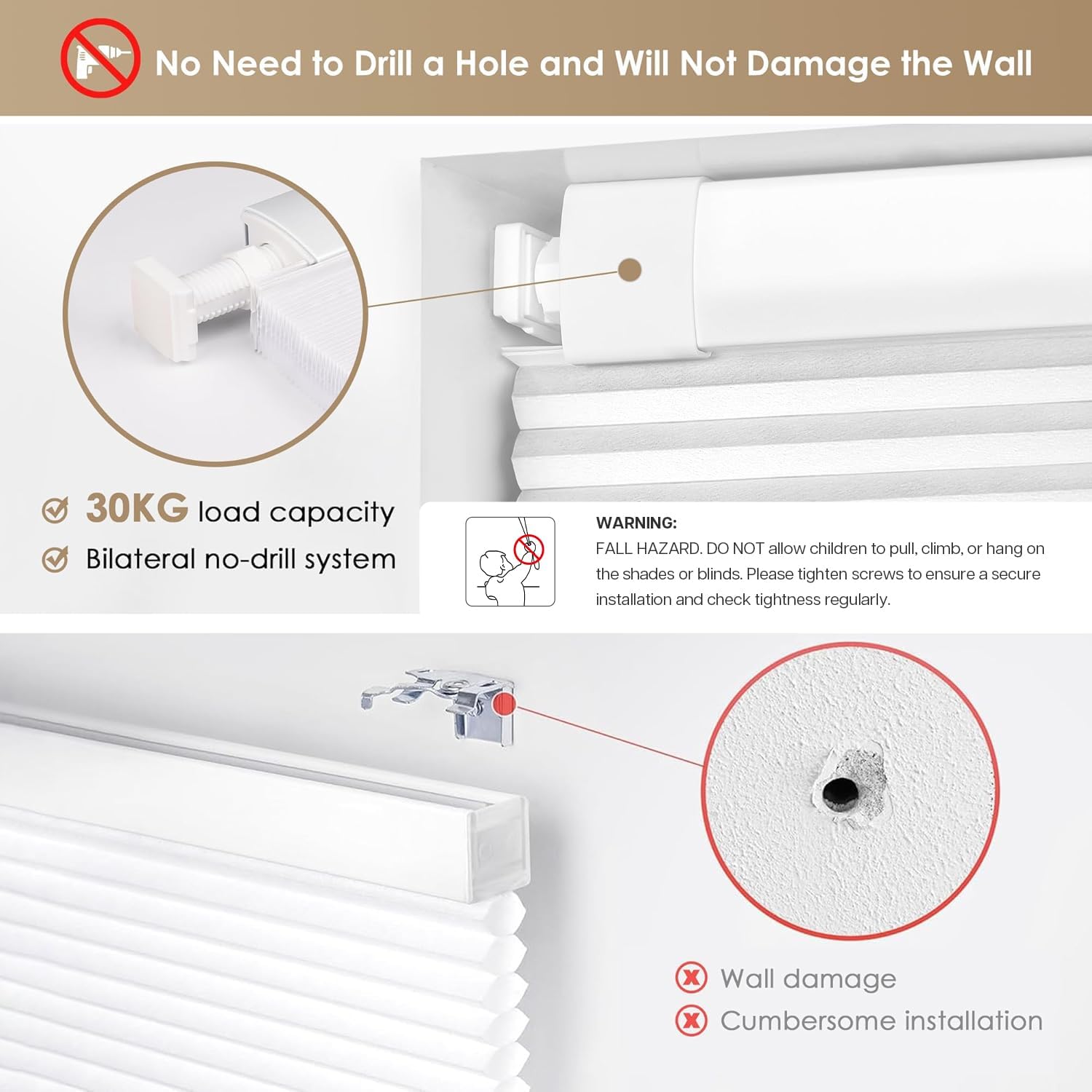 LazBlinds No Tools No Drill Cordless Cellular Shades, Light Filtering Honeycomb Shades for Home, Thermal Insulation Blinds for Windows, 22" W x 36" H, White
