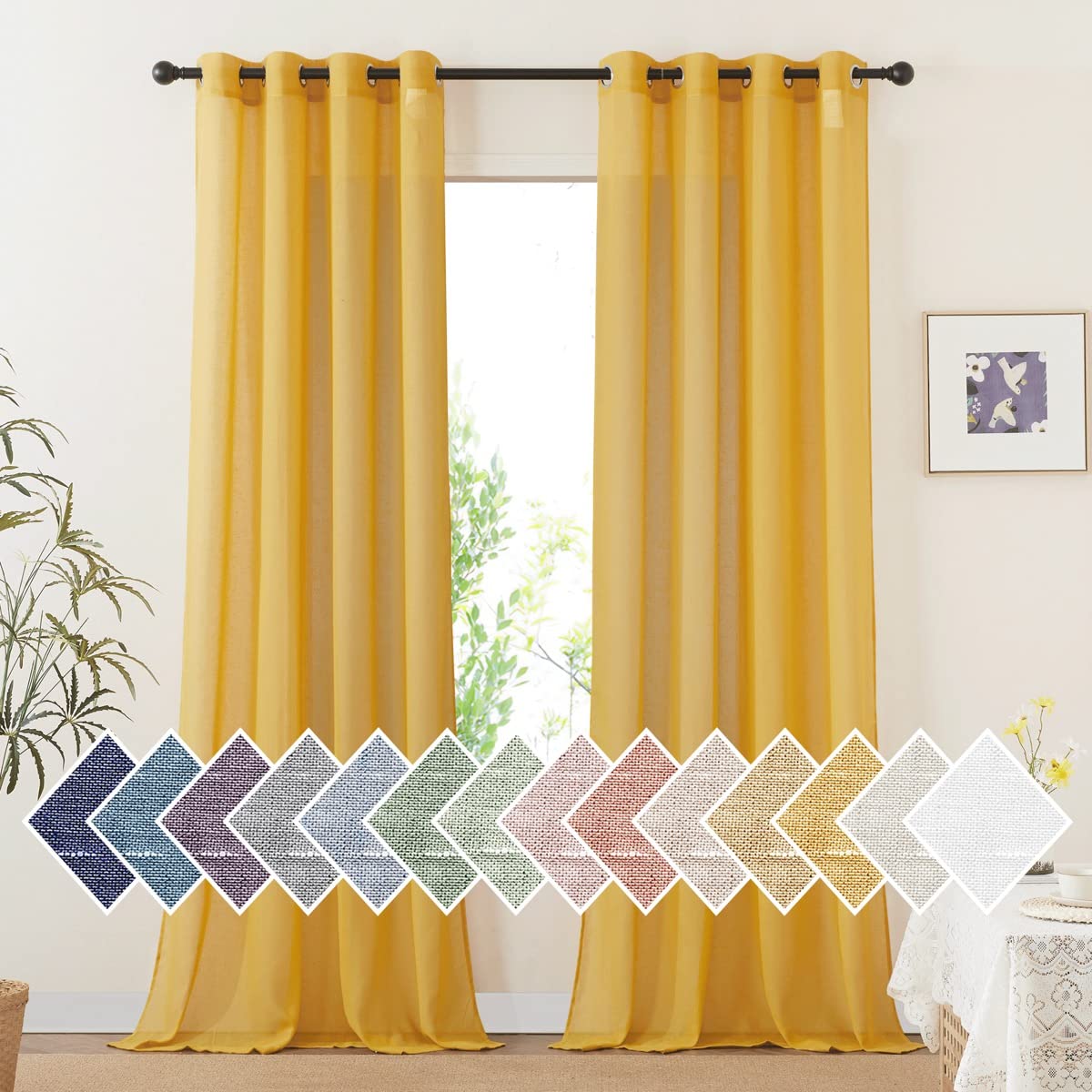 NICETOWN Semi Sheer Beige Curtains 84 inches Long, Grommet Retro Linen Curtains Window Treatments Vertical Drapes Privacy with Light Filter for Living Room, W52 x L84, 2 Panels