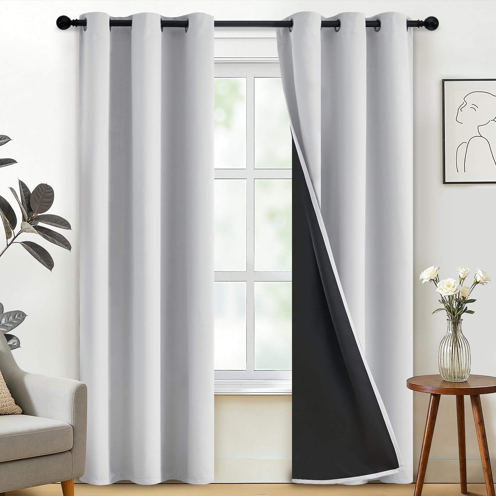 SimpleHome 100% Blackout Curtains for Bedroom,Thermal Insulated Grommet Window Drapes Room Darkening Cream Curtains for Living Room with Black Back,52 x 84 Inch,2 Panels