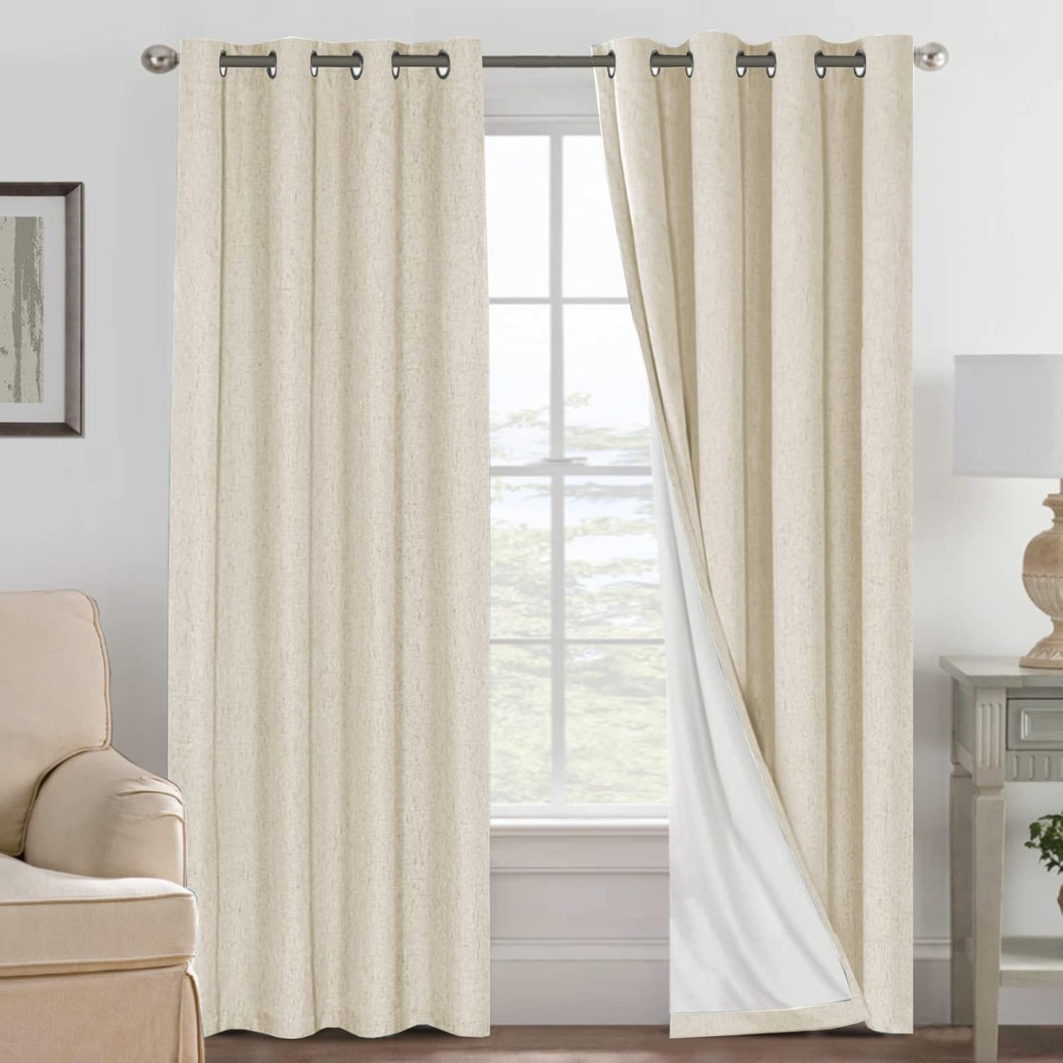 H.VERSAILTEX Linen 100% Blackout Curtains for Bedroom Full Light Blocking Curtains, Textured Window Curtain for Living Room 84 inch Grommet, Energy Efficient Curtains White Liner(2 Panels, Natural)