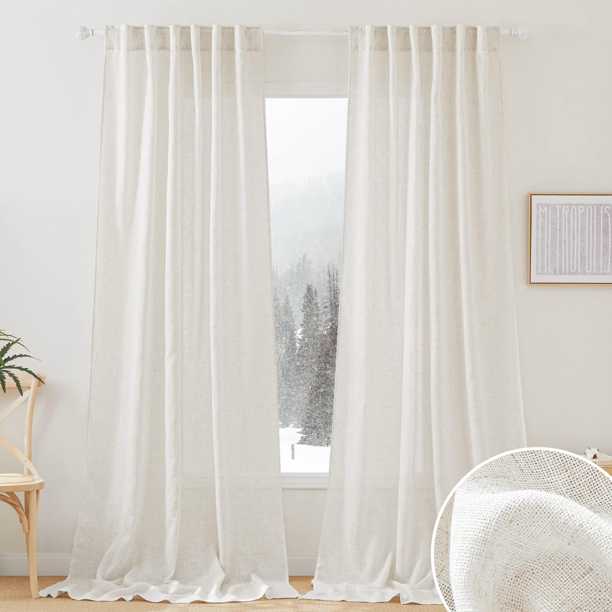 RYB HOME White Sheer Curtains Linen Texture Window Panels, Semi Sheer Light Filetring Rod Pocket & Back Tab Drapes for Bedroom, 52 x 84 inches, Pack of 2