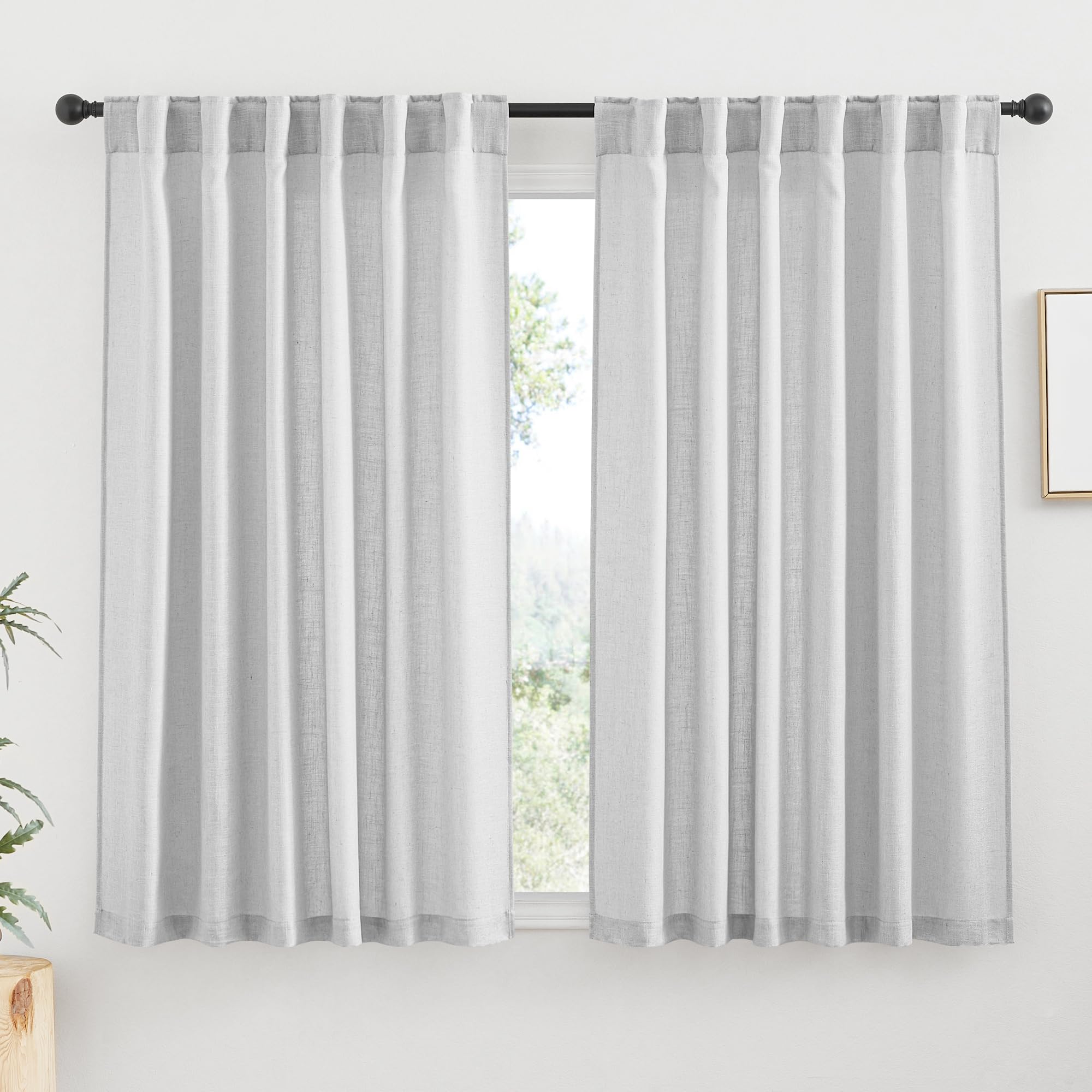 RYB HOME White Sheer Curtains Linen Texture Window Panels, Semi Sheer Light Filetring Rod Pocket & Back Tab Drapes for Bedroom, 52 x 84 inches, Pack of 2