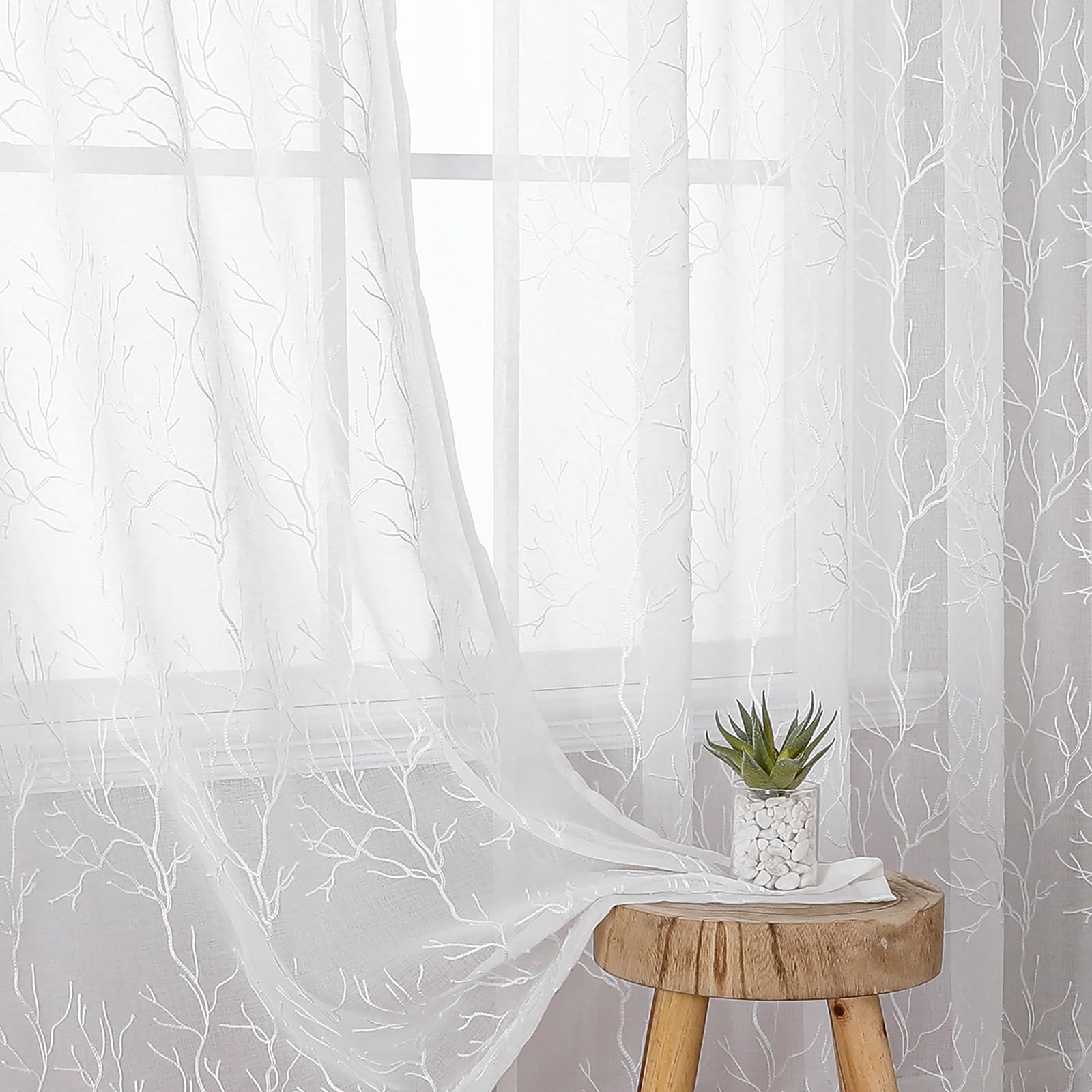 VISIONTEX Sheer Curtains 84 Inches Long 2 Panels Set Cream Beige Embroidered Floral Leaf Pattern Rod Pocket Semi Sheer Voile Window Curtains/Drapes for Bedroom Living Room 54 x 84 Inches