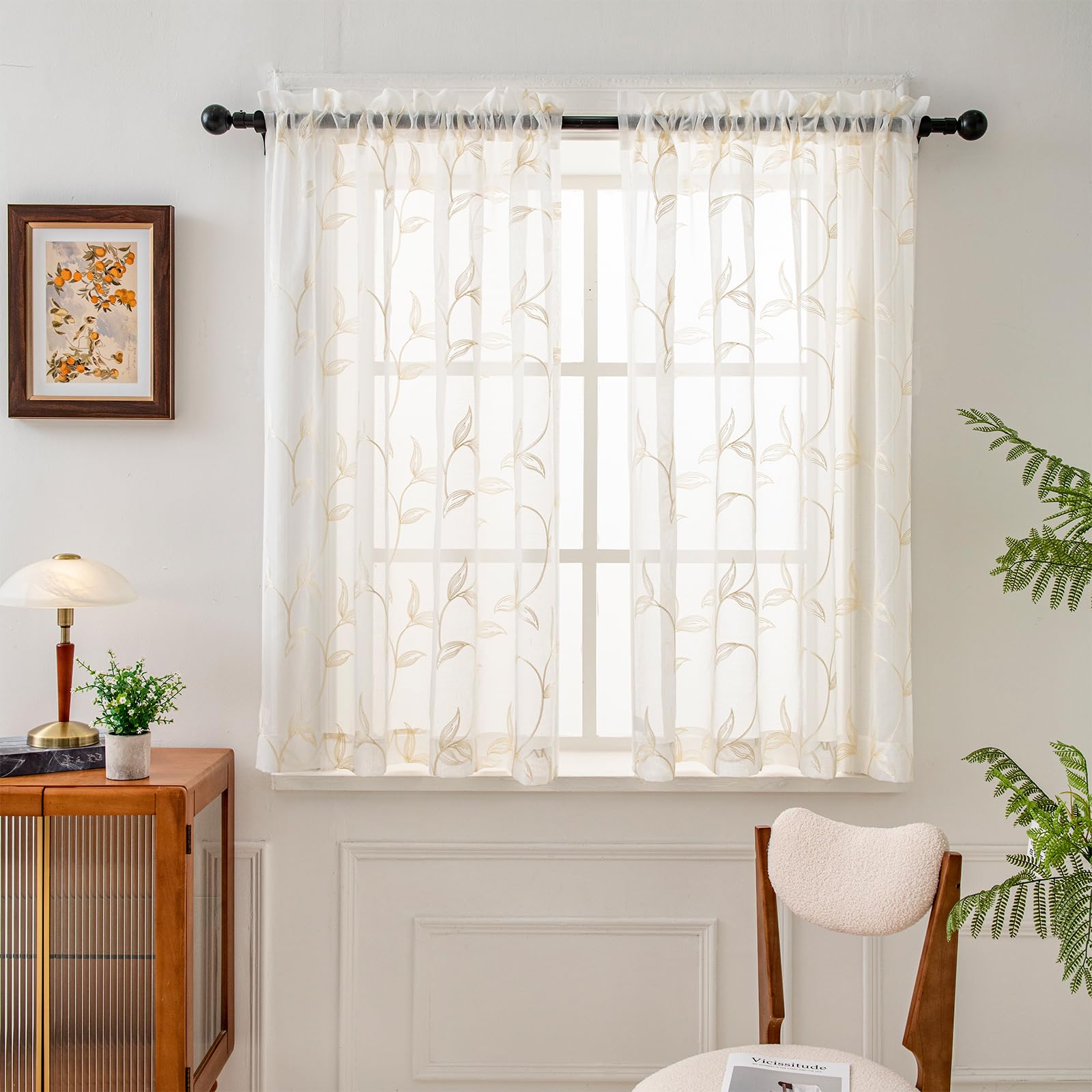 VISIONTEX Sheer Curtains 84 Inches Long 2 Panels Set Cream Beige Embroidered Floral Leaf Pattern Rod Pocket Semi Sheer Voile Window Curtains/Drapes for Bedroom Living Room 54 x 84 Inches