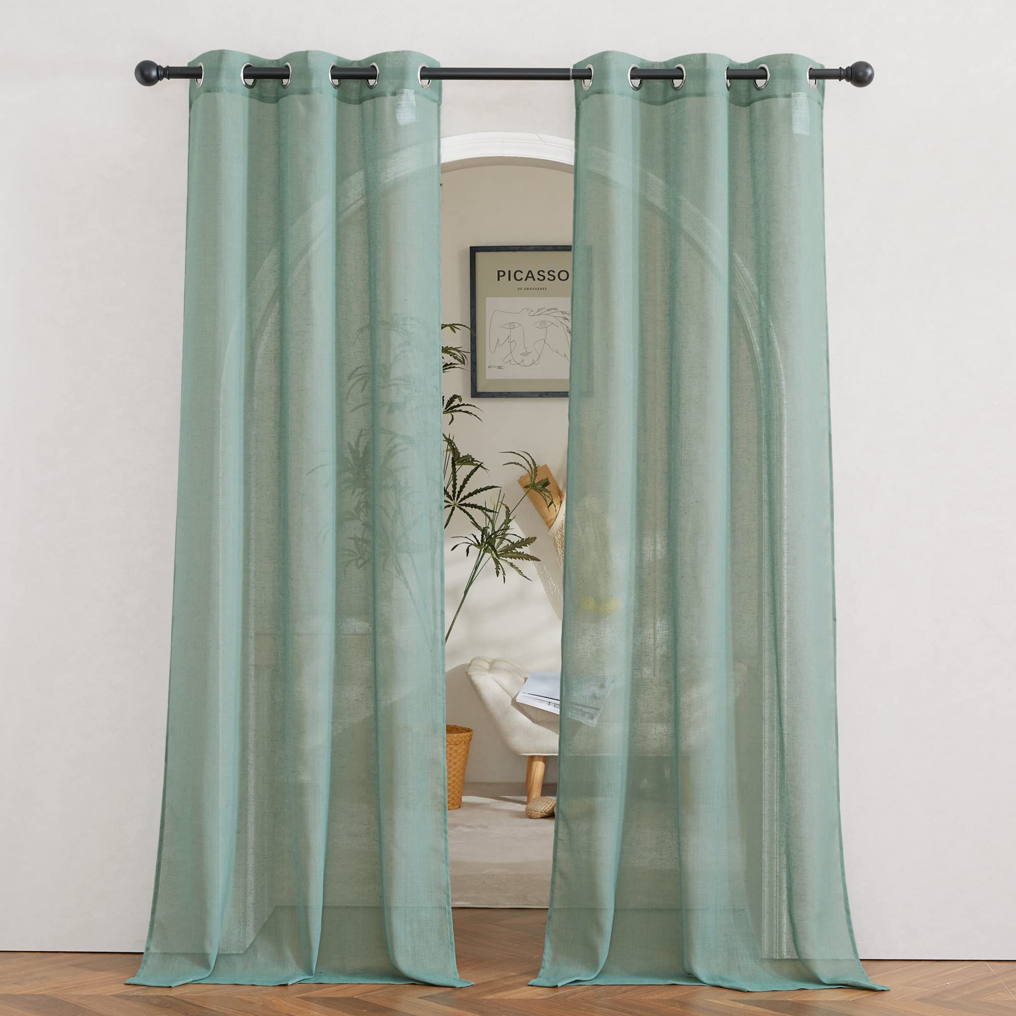 NICETOWN Semi Sheer Beige Curtains 84 inches Long, Grommet Retro Linen Curtains Window Treatments Vertical Drapes Privacy with Light Filter for Living Room, W52 x L84, 2 Panels