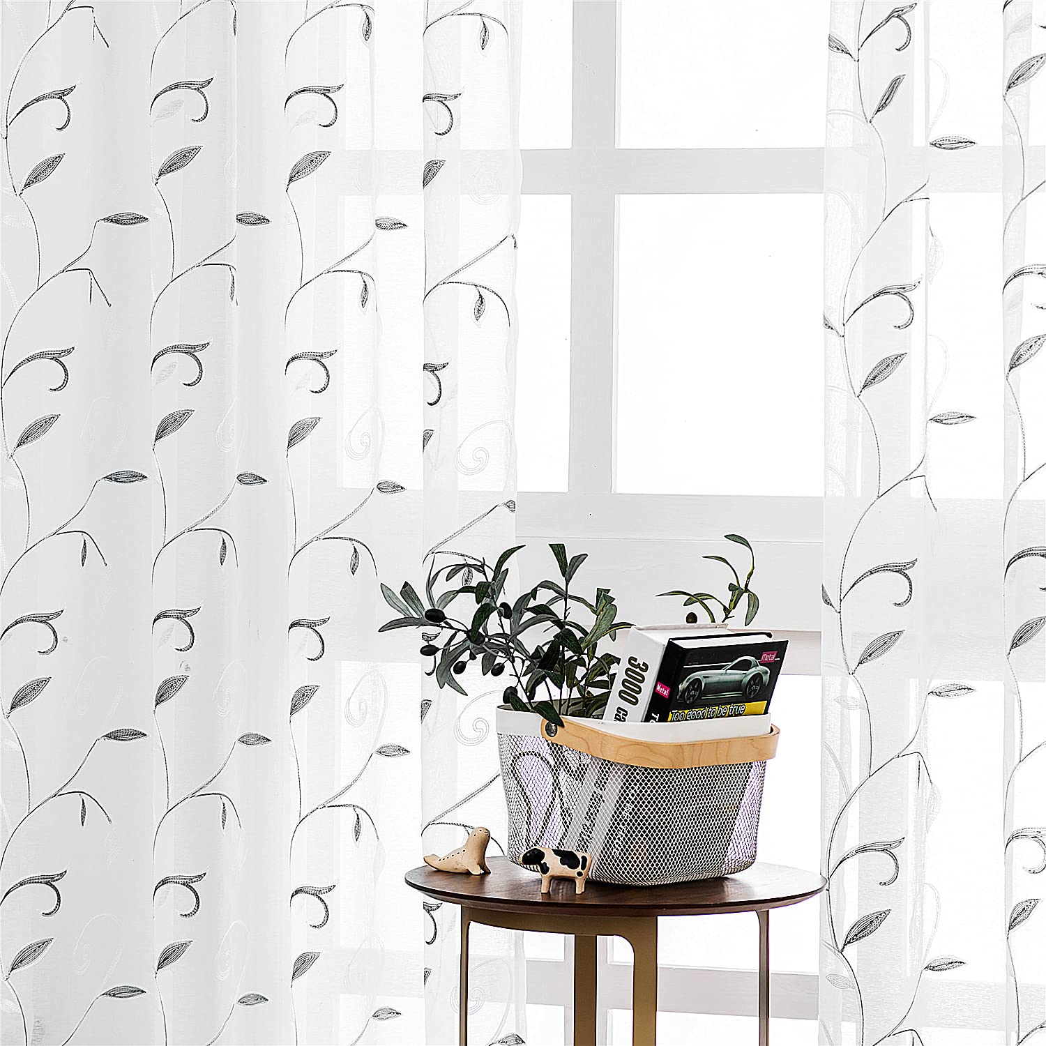 VISIONTEX Sheer Curtains 84 Inches Long 2 Panels Set Cream Beige Embroidered Floral Leaf Pattern Rod Pocket Semi Sheer Voile Window Curtains/Drapes for Bedroom Living Room 54 x 84 Inches