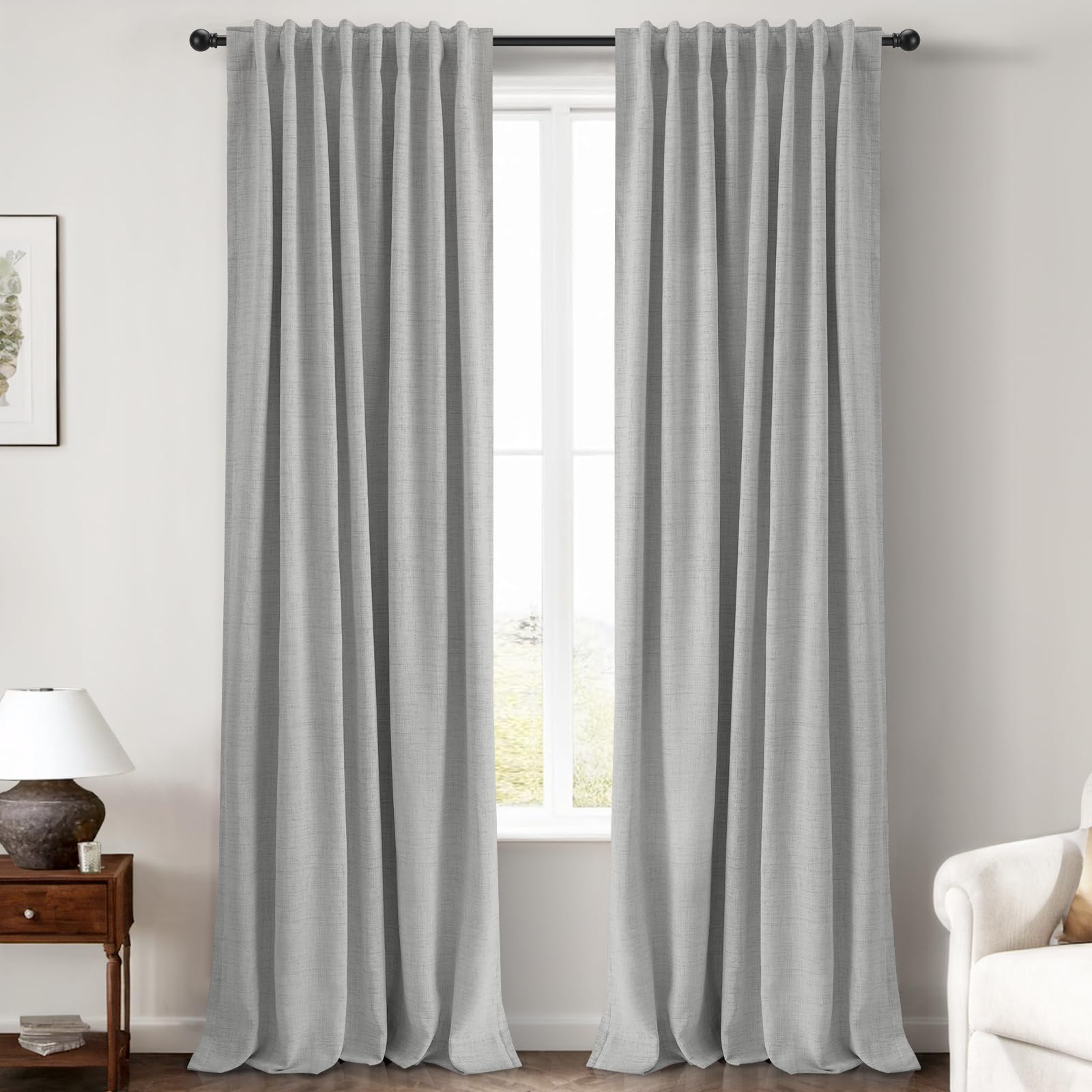 INOVADAY 100% Blackout Curtains 96 Inches Length 2 Panels Set, Back Tab/Rod Pocket Linen Black Out Curtains for Bedroom, Thermal Insulated Window Drapes - Cream, W50 X L96