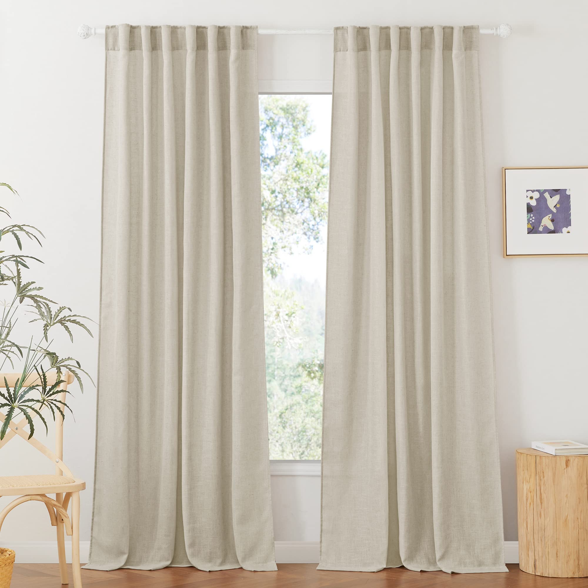 RYB HOME White Sheer Curtains Linen Texture Window Panels, Semi Sheer Light Filetring Rod Pocket & Back Tab Drapes for Bedroom, 52 x 84 inches, Pack of 2
