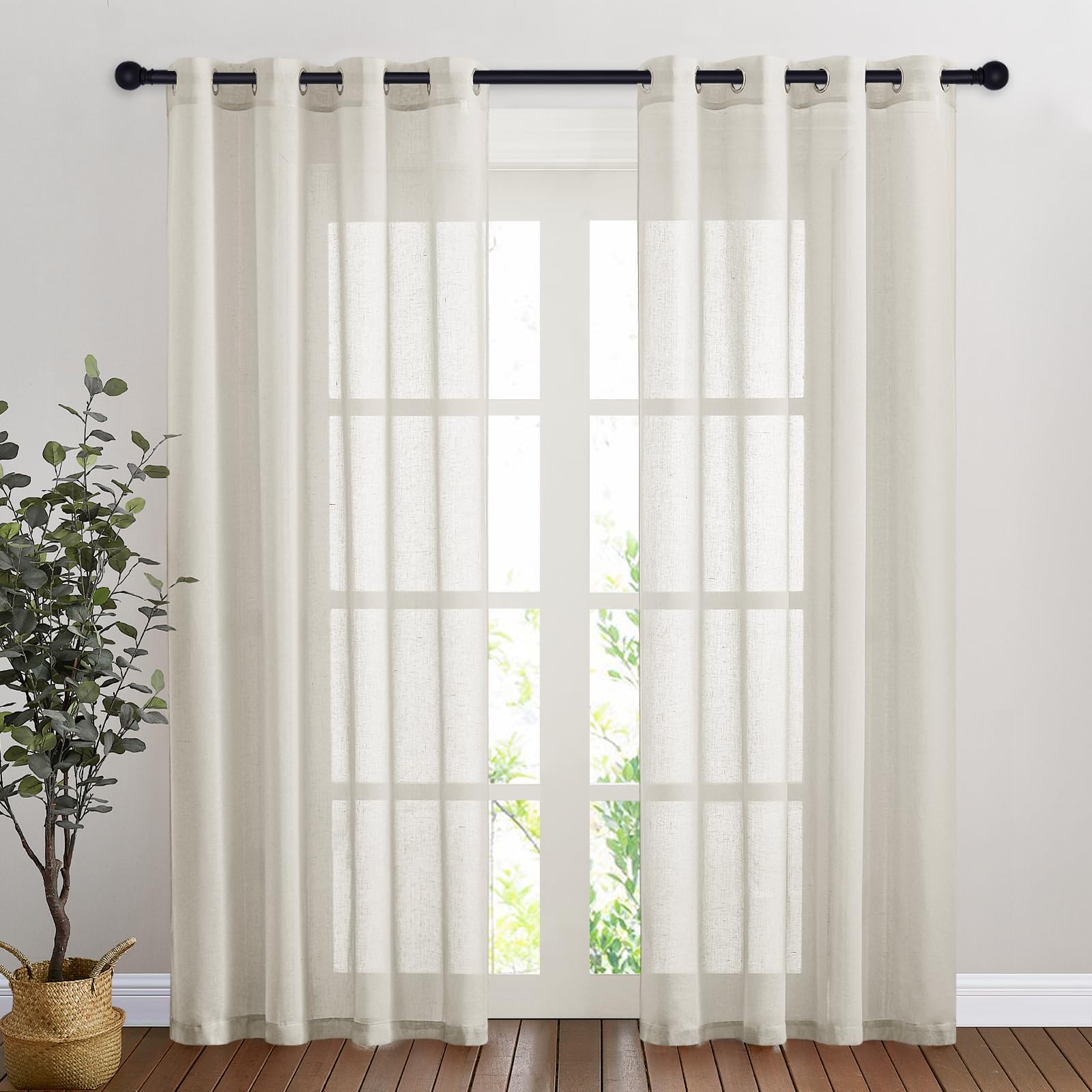 NICETOWN Semi Sheer Beige Curtains 84 inches Long, Grommet Retro Linen Curtains Window Treatments Vertical Drapes Privacy with Light Filter for Living Room, W52 x L84, 2 Panels