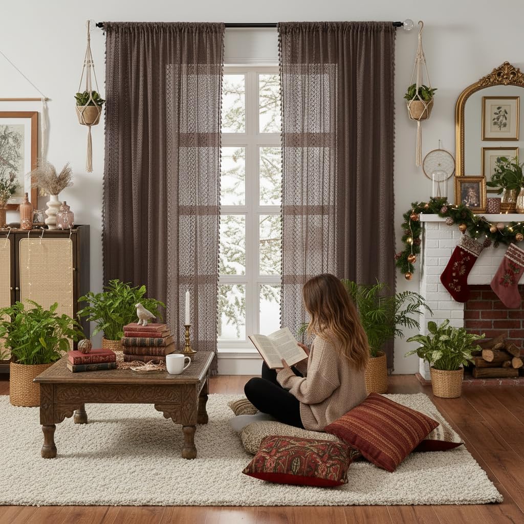 WAZZIO Boho Crochet Curtains for Living Room Lace Curtains 84 Inches Long 2 Panel, Rod Pocket Vintage Tassel Bohemian Decor Geometry Striped Light Filtering Semi Sheer Curtain Drapes for Bedroom,Beige