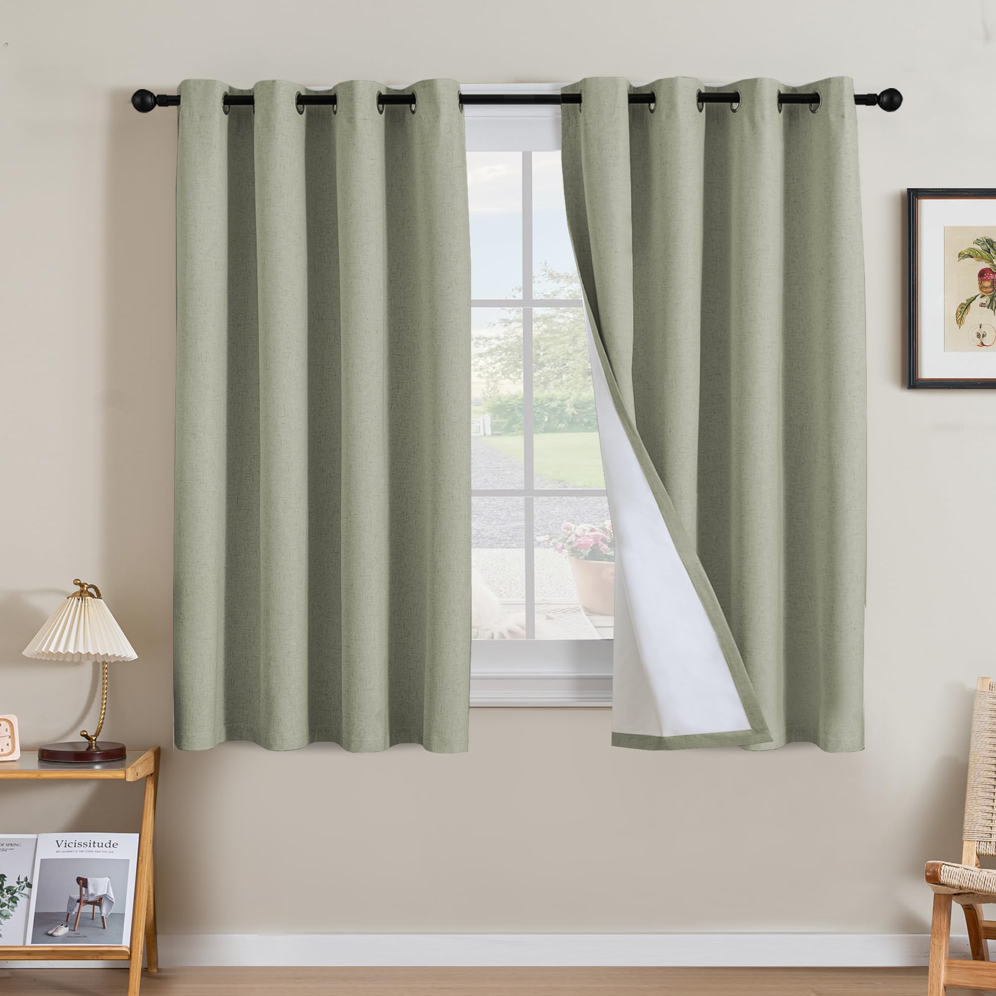 H.VERSAILTEX Linen 100% Blackout Curtains for Bedroom Full Light Blocking Curtains, Textured Window Curtain for Living Room 84 inch Grommet, Energy Efficient Curtains White Liner(2 Panels, Natural)