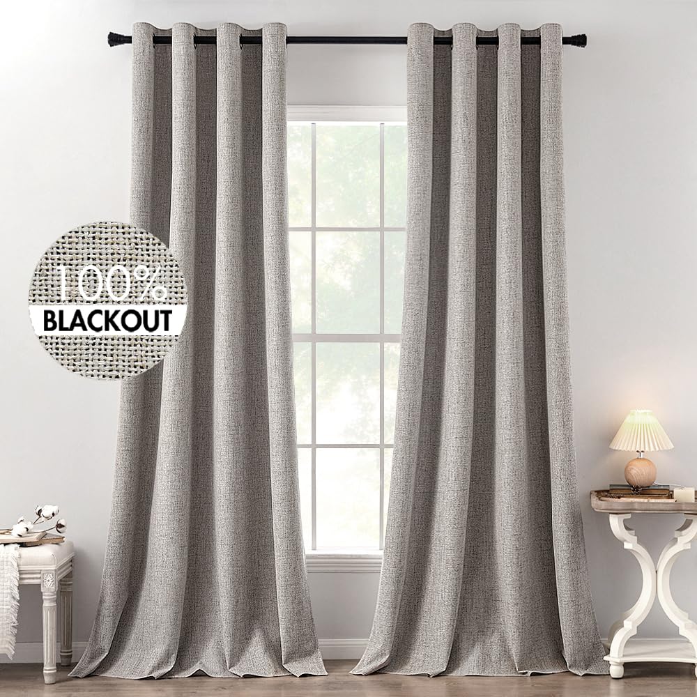 MIULEE 90 Inches Linen Textured Curtains for Bedroom 100% Blackout Thermal Insulated Natural Beige Grommet Room Darkening Curtains & Drapes Luxury Decor for Living Room Nursery 52 x 90 Inch (2 Panels)