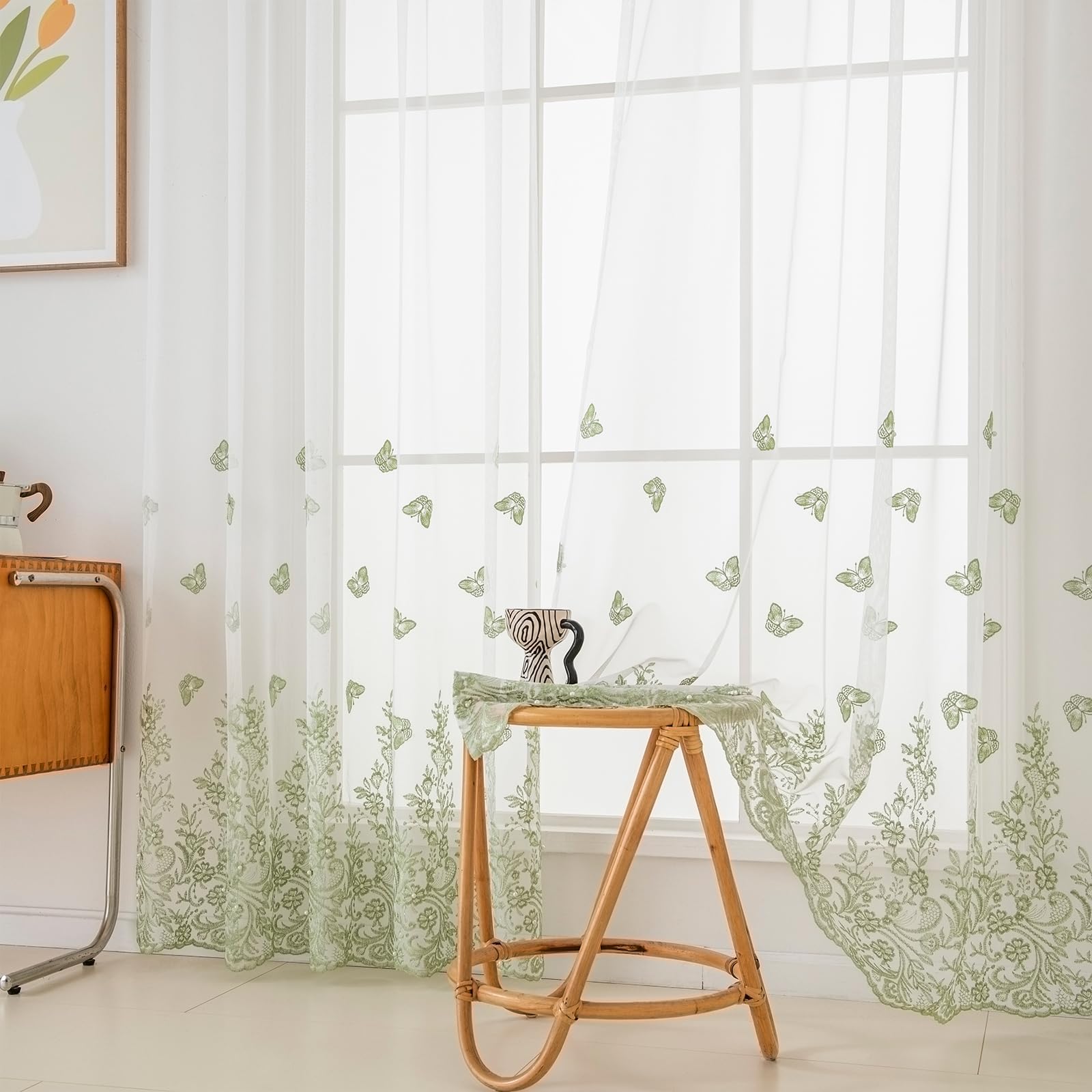 VISIONTEX Sheer Curtains 84 Inches Long 2 Panels Set Cream Beige Embroidered Floral Leaf Pattern Rod Pocket Semi Sheer Voile Window Curtains/Drapes for Bedroom Living Room 54 x 84 Inches