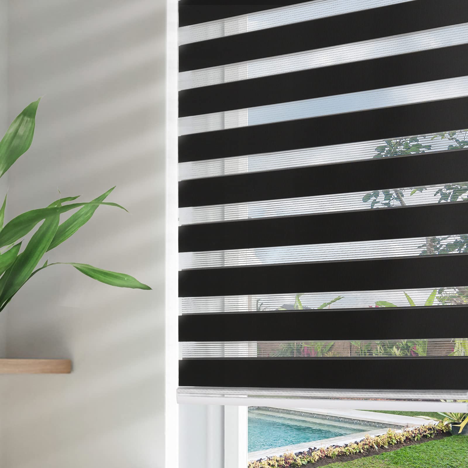 Joydeco Cordless Zebra Blinds for Windows, Dual Layer Free-Stop Zebra Shades Privacy Light Control for Day and Night, Light Filtering Sheer Blinds for Indoor Windows (Grey, 34" W x 75" H)