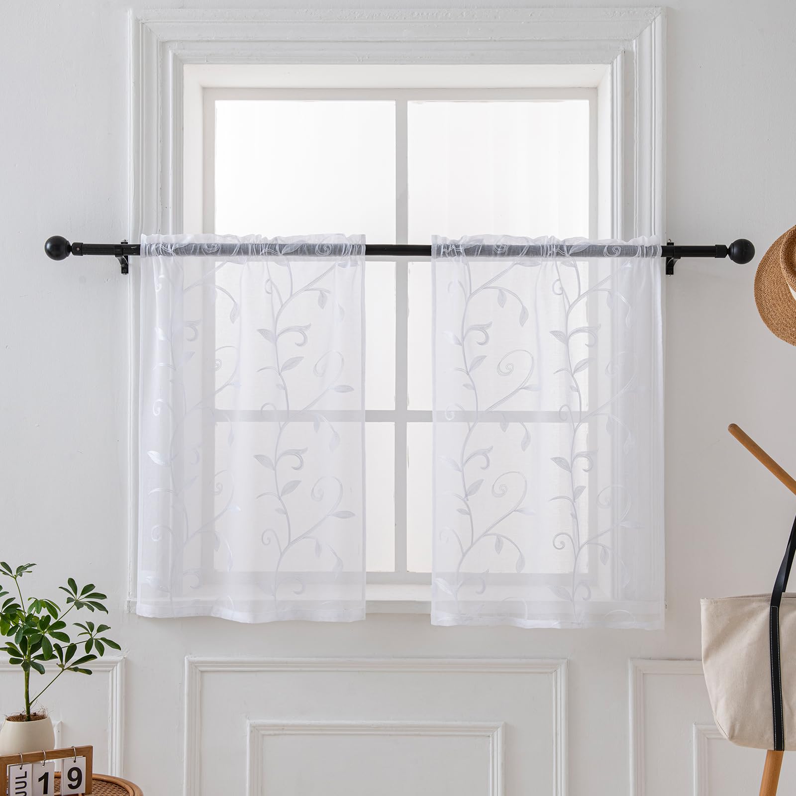 VISIONTEX Sheer Curtains 84 Inches Long 2 Panels Set Cream Beige Embroidered Floral Leaf Pattern Rod Pocket Semi Sheer Voile Window Curtains/Drapes for Bedroom Living Room 54 x 84 Inches