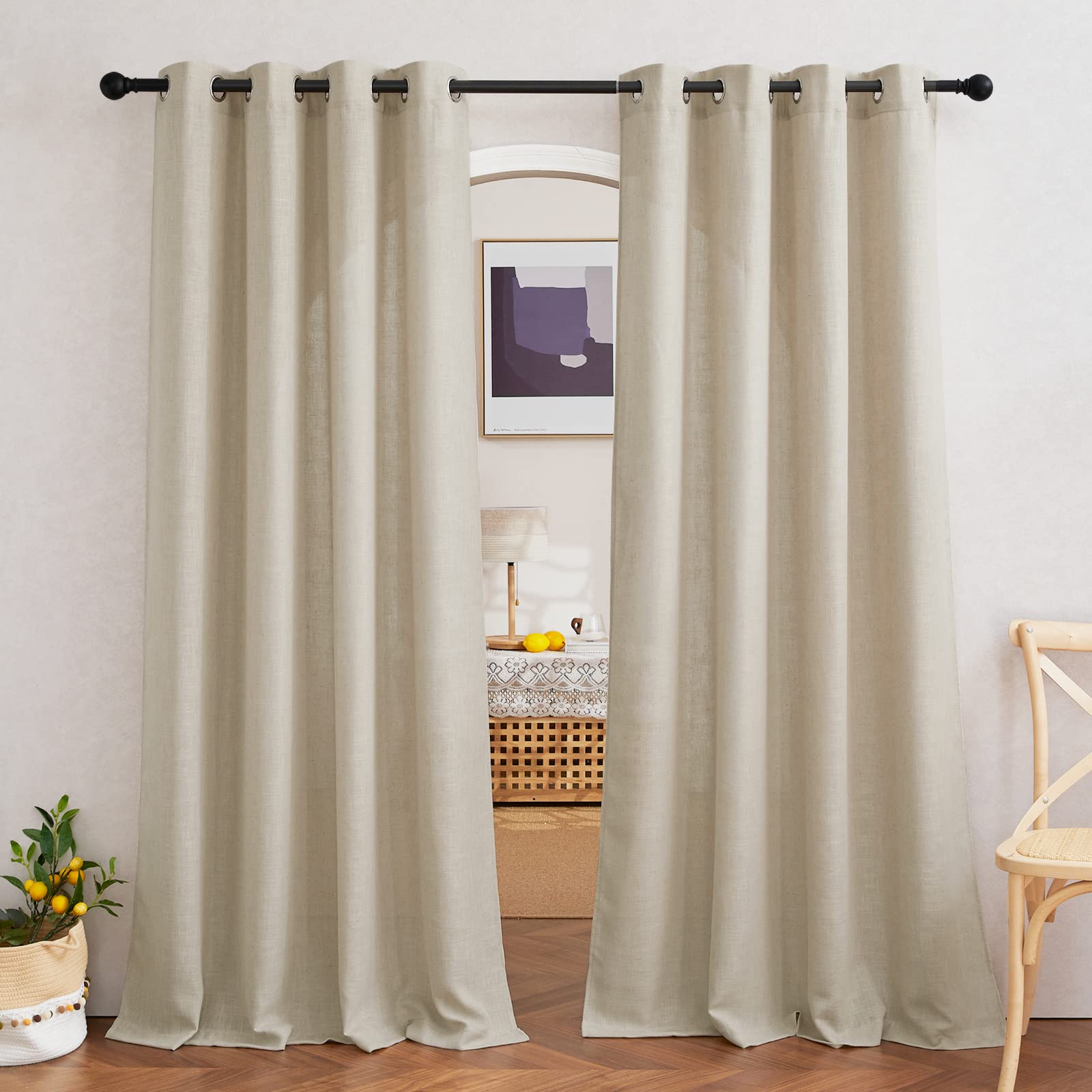 NICETOWN Semi Sheer Beige Curtains 84 inches Long, Grommet Retro Linen Curtains Window Treatments Vertical Drapes Privacy with Light Filter for Living Room, W52 x L84, 2 Panels
