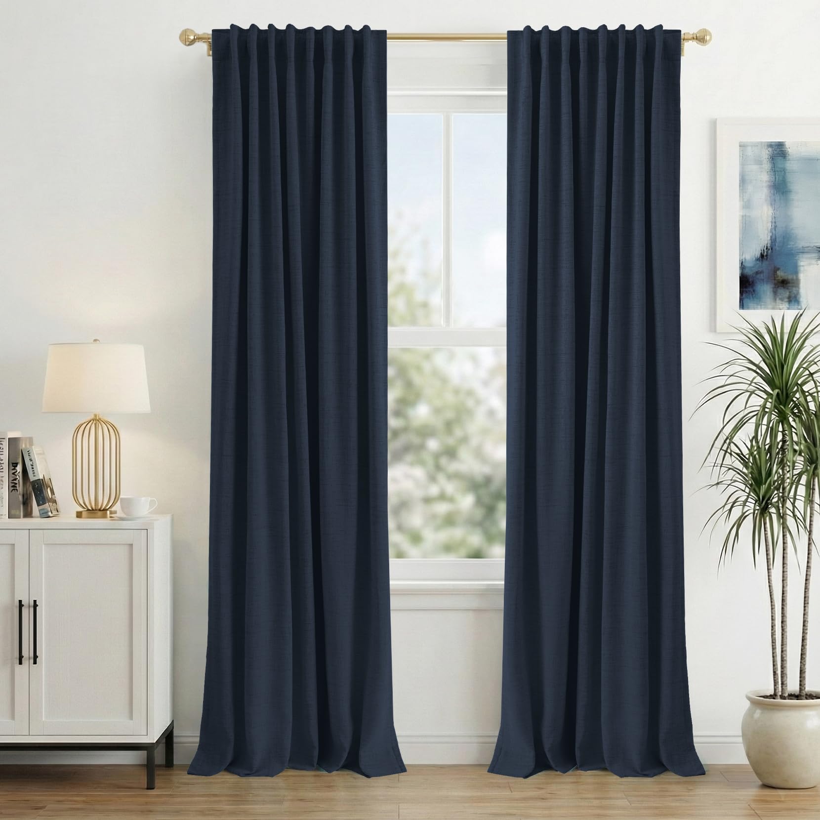 INOVADAY 100% Blackout Curtains 96 Inches Length 2 Panels Set, Back Tab/Rod Pocket Linen Black Out Curtains for Bedroom, Thermal Insulated Window Drapes - Cream, W50 X L96