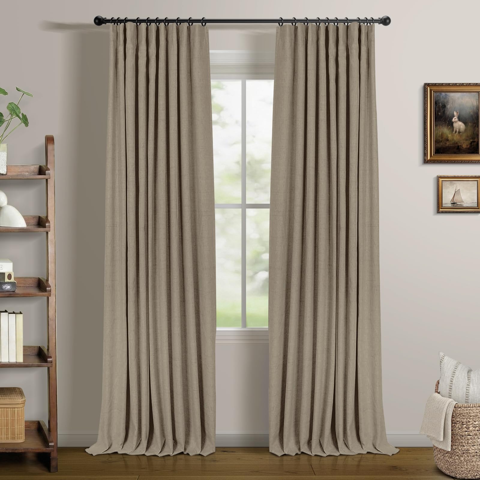 INOVADAY 100% Blackout Curtains for Bedroom, Black Out Curtains 84 Inch Long, Clip Rings Linen Blackout Drapes, Thermal Insulated Room Darkening for Living Room, 2 Panels - Beige,W50xL84