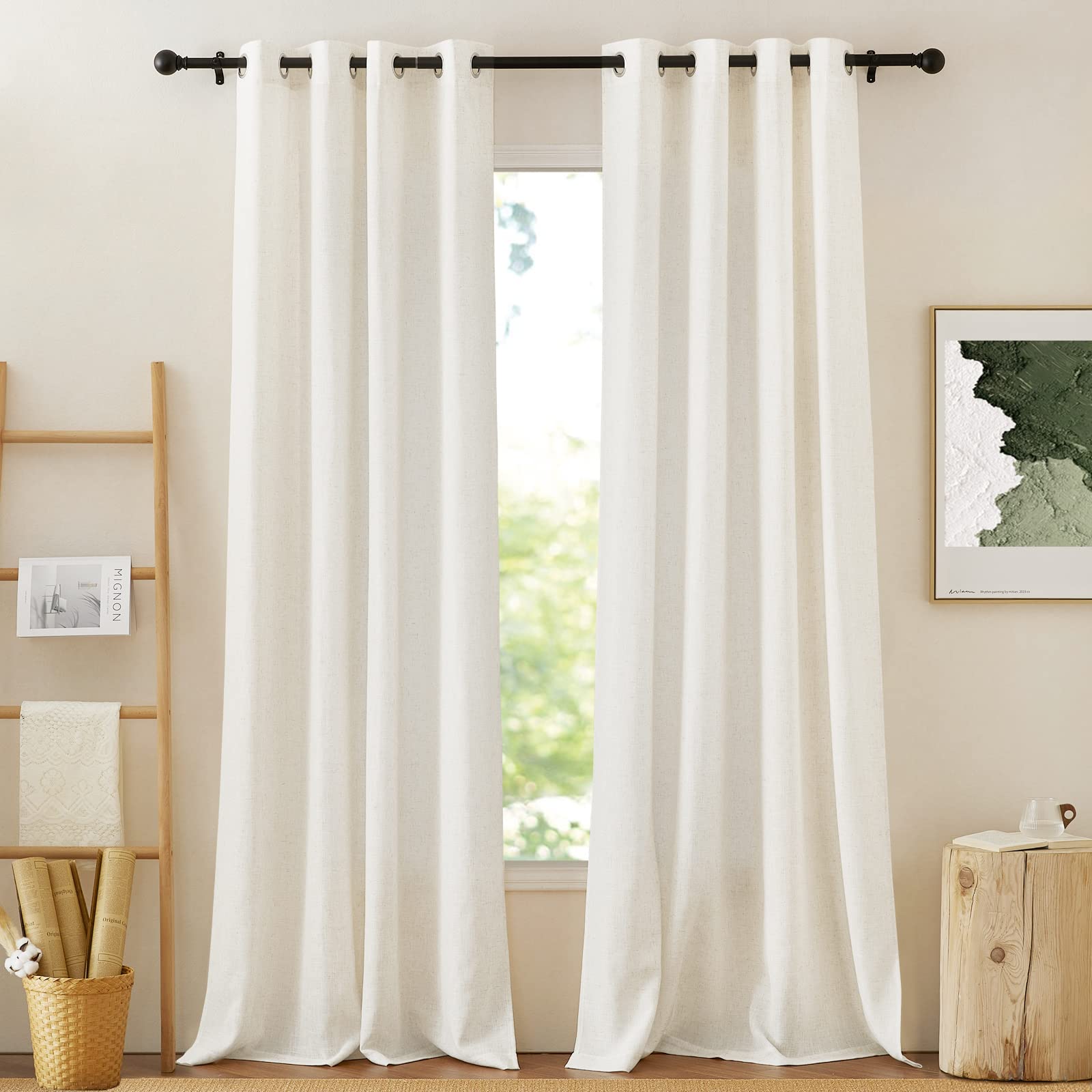 NICETOWN Semi Sheer Beige Curtains 84 inches Long, Grommet Retro Linen Curtains Window Treatments Vertical Drapes Privacy with Light Filter for Living Room, W52 x L84, 2 Panels
