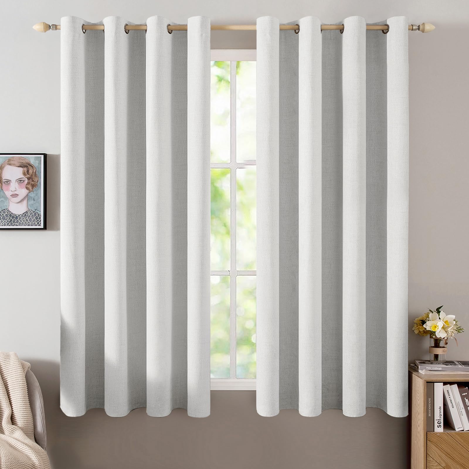 MIULEE 90 Inches Linen Textured Curtains for Bedroom 100% Blackout Thermal Insulated Natural Beige Grommet Room Darkening Curtains & Drapes Luxury Decor for Living Room Nursery 52 x 90 Inch (2 Panels)