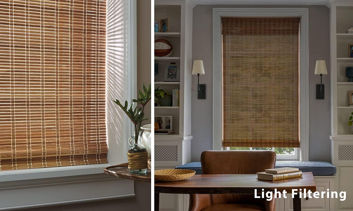 LazBlinds No Tools No Drill Cordless Bamboo Roman Shades, Light Filtering Window Treatment, Roll Up Bamboo Blinds for Windows 35'' W x 64'' H, Brown