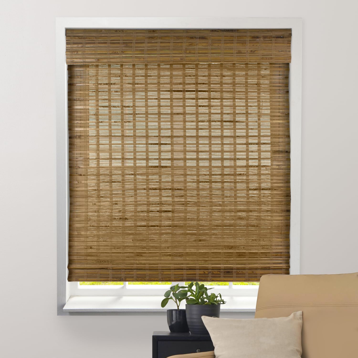 ARLO BLINDS Sheer Bamboo Roman Shades with Valance - Tuscan, 34" W x 60" H - Light Filtering Cordless Blinds for Interior Windows - Real Natural Bamboo Material - Mounting Hardware Included