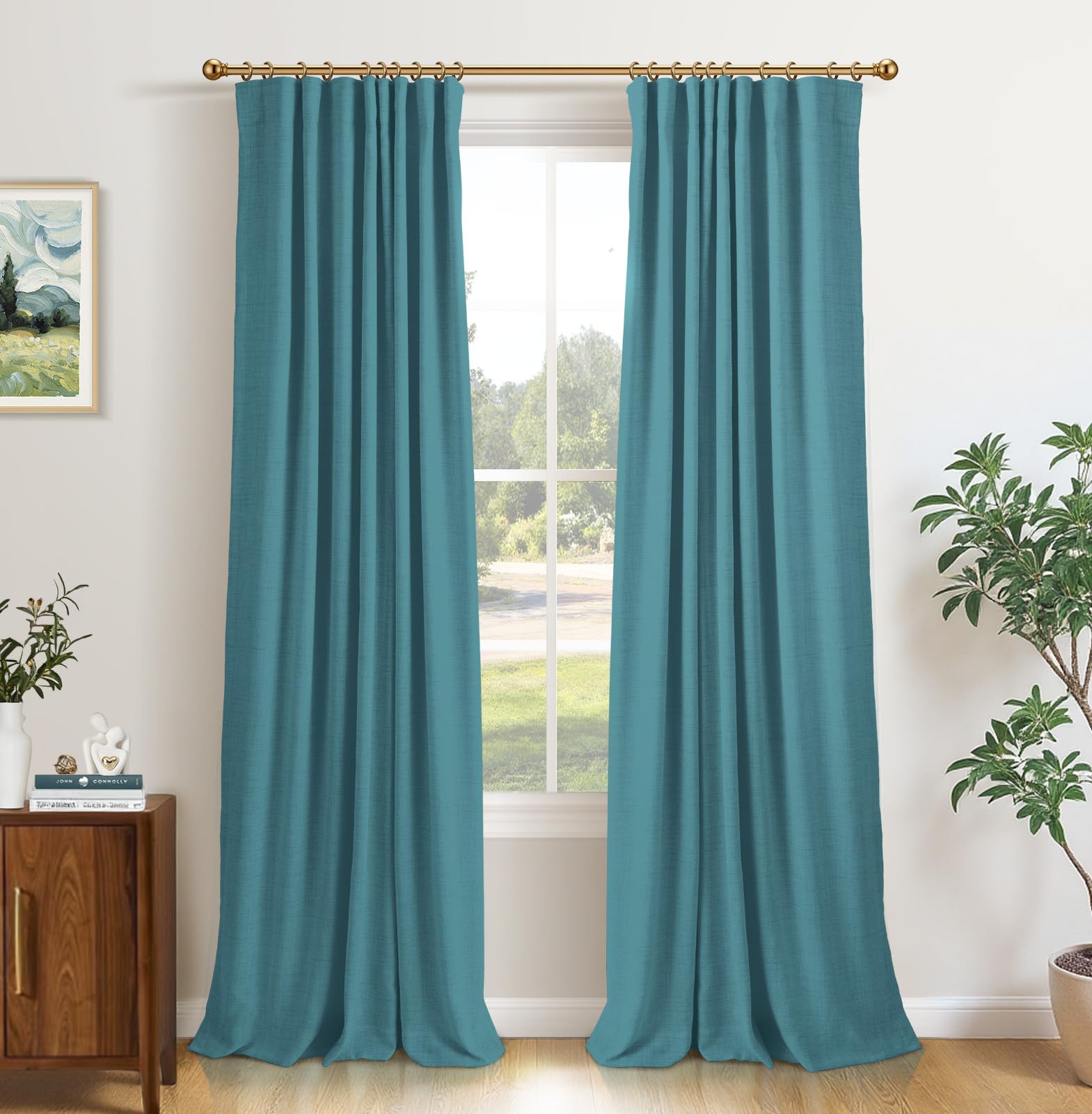 INOVADAY 100% Blackout Curtains for Bedroom, Black Out Curtains 84 Inch Long, Clip Rings Linen Blackout Drapes, Thermal Insulated Room Darkening for Living Room, 2 Panels - Beige,W50xL84