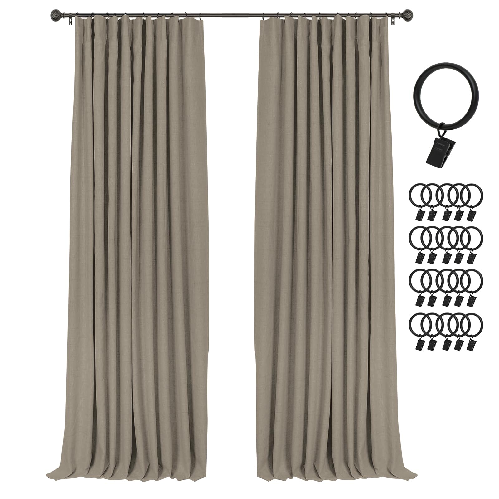INOVADAY 100% Blackout Curtains for Bedroom, Black Out Curtains 84 Inch Long, Clip Rings Linen Blackout Drapes, Thermal Insulated Room Darkening for Living Room, 2 Panels - Beige,W50xL84