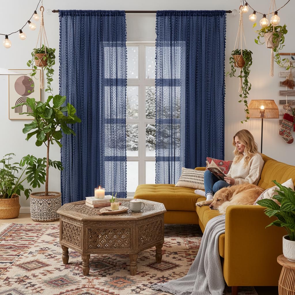 WAZZIO Boho Crochet Curtains for Living Room Lace Curtains 84 Inches Long 2 Panel, Rod Pocket Vintage Tassel Bohemian Decor Geometry Striped Light Filtering Semi Sheer Curtain Drapes for Bedroom,Beige