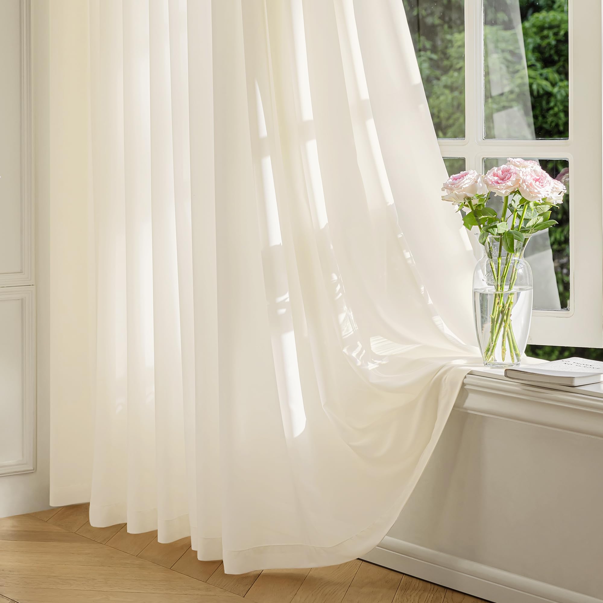 FMFUNCTEX Sheer Non-See-Through Butter Cream Curtains 108 inches Long for Living Room, Faux Silk That Let Light Curtains Light Filtering Privacy Sheer Window Drapes for Living Room, Rod Pocket 2Panels