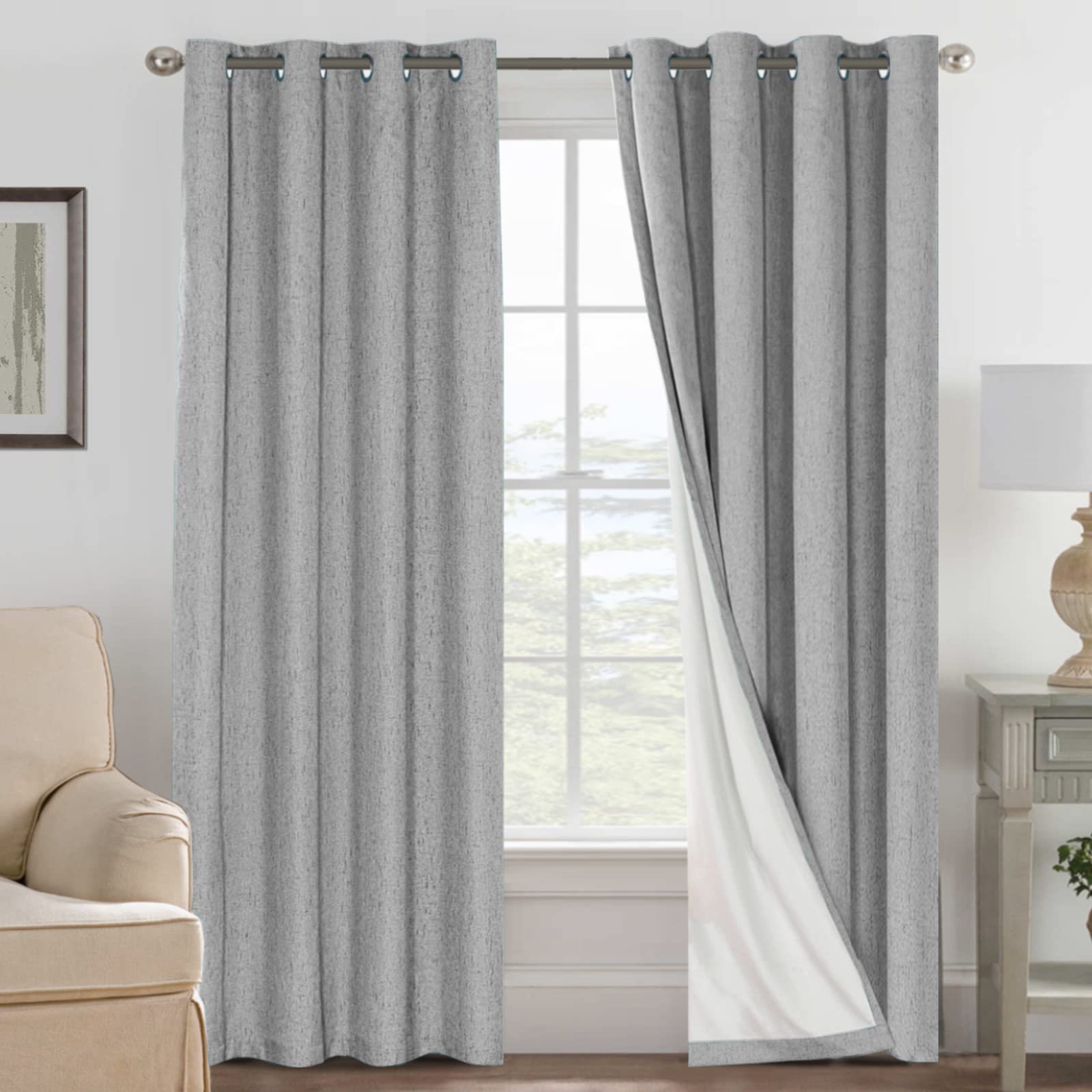 H.VERSAILTEX Linen 100% Blackout Curtains for Bedroom Full Light Blocking Curtains, Textured Window Curtain for Living Room 84 inch Grommet, Energy Efficient Curtains White Liner(2 Panels, Natural)