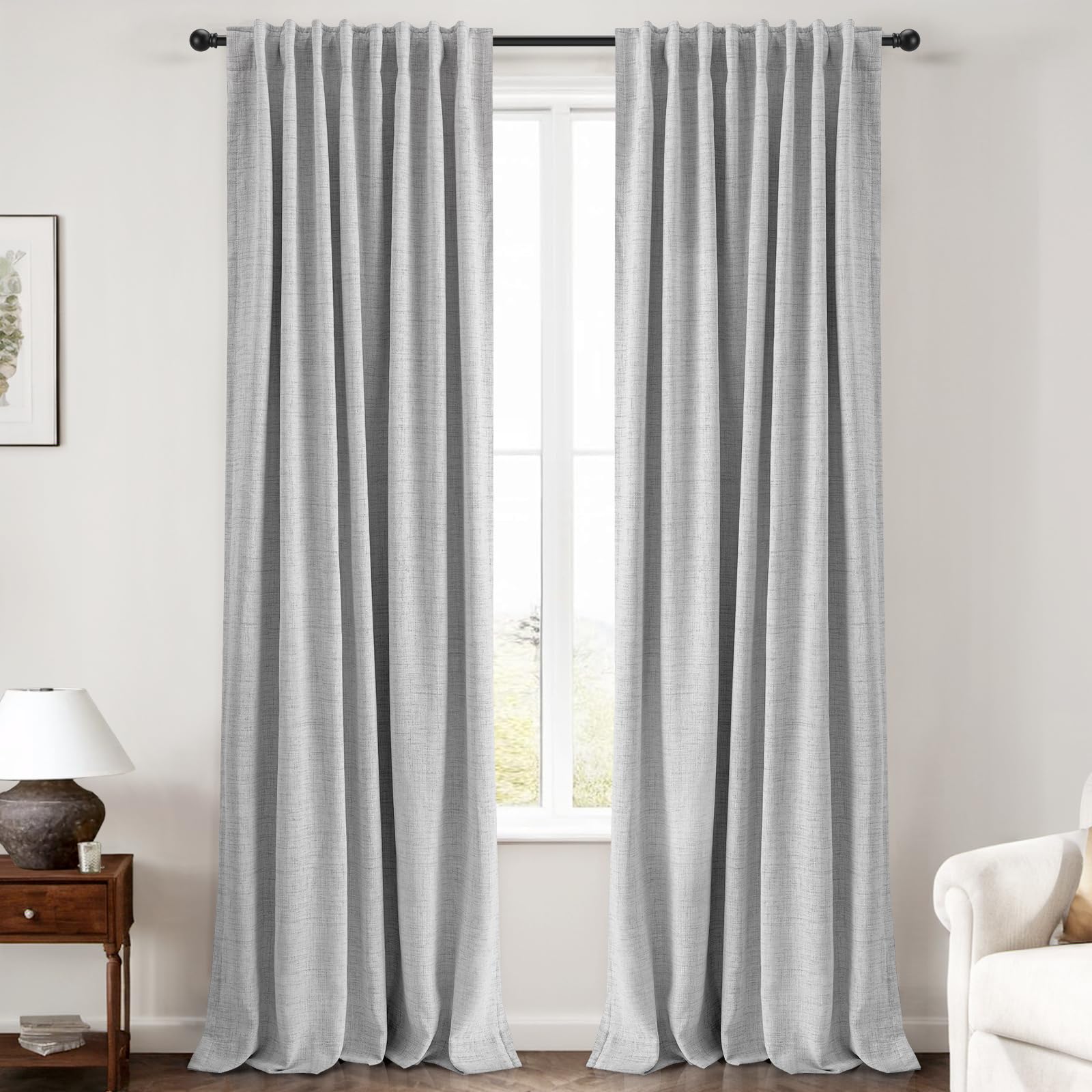 INOVADAY 100% Blackout Curtains 96 Inches Length 2 Panels Set, Back Tab/Rod Pocket Linen Black Out Curtains for Bedroom, Thermal Insulated Window Drapes - Cream, W50 X L96