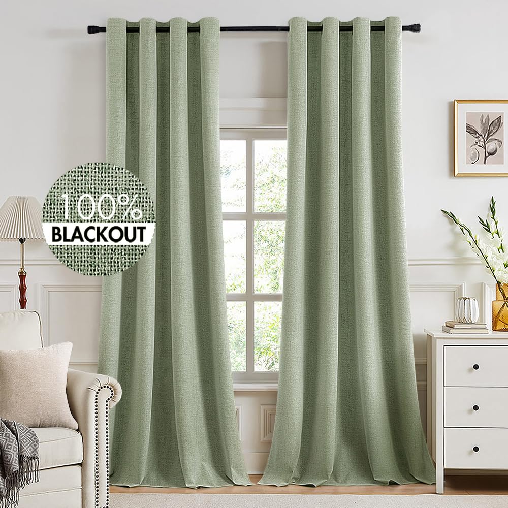 MIULEE 90 Inches Linen Textured Curtains for Bedroom 100% Blackout Thermal Insulated Natural Beige Grommet Room Darkening Curtains & Drapes Luxury Decor for Living Room Nursery 52 x 90 Inch (2 Panels)