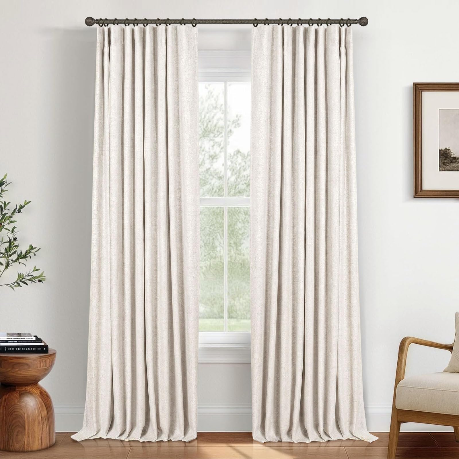 INOVADAY 100% Blackout Curtains for Bedroom, Black Out Curtains 84 Inch Long, Clip Rings Linen Blackout Drapes, Thermal Insulated Room Darkening for Living Room, 2 Panels - Beige,W50xL84