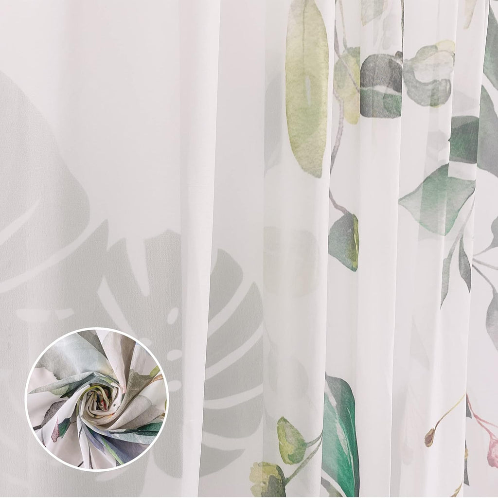Green Eucalyptus Leaves Sheer Curtains for Living Room 84 inch Length 2 Panels Set Elegant Wild Flower Floral Spring Printed Window Curtain Natural Chiffon Drapes for Bedroom