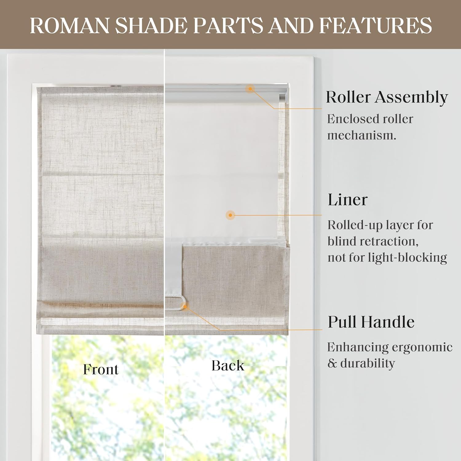 Madison Park Kyler Cordless Roman Shades - Single Panel, Lightweight Linen Blend Fabric, Natural Design, Easy Installation, Light Filtering Window Blind, Bedroom, Living Room Decor 31"W x 64"H Natural