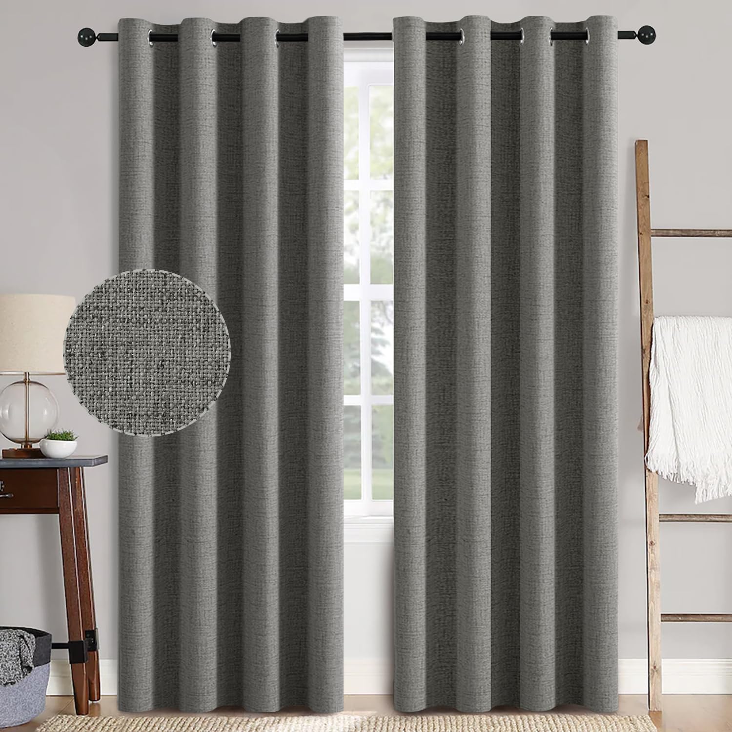 MIULEE 90 Inches Linen Textured Curtains for Bedroom 100% Blackout Thermal Insulated Natural Beige Grommet Room Darkening Curtains & Drapes Luxury Decor for Living Room Nursery 52 x 90 Inch (2 Panels)